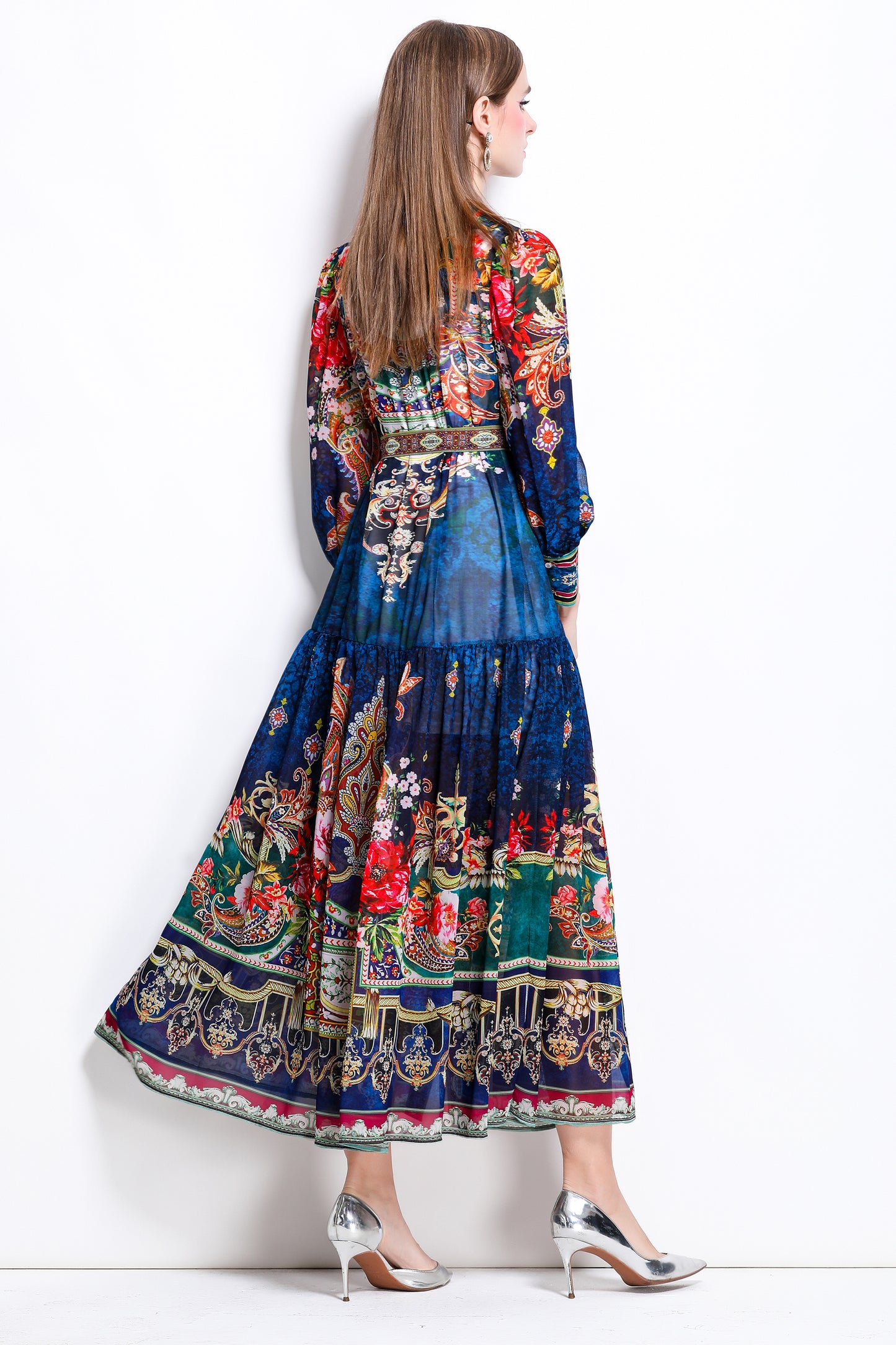 Women Floral Print Puff Sleeve Split Sheer Maxi Dress