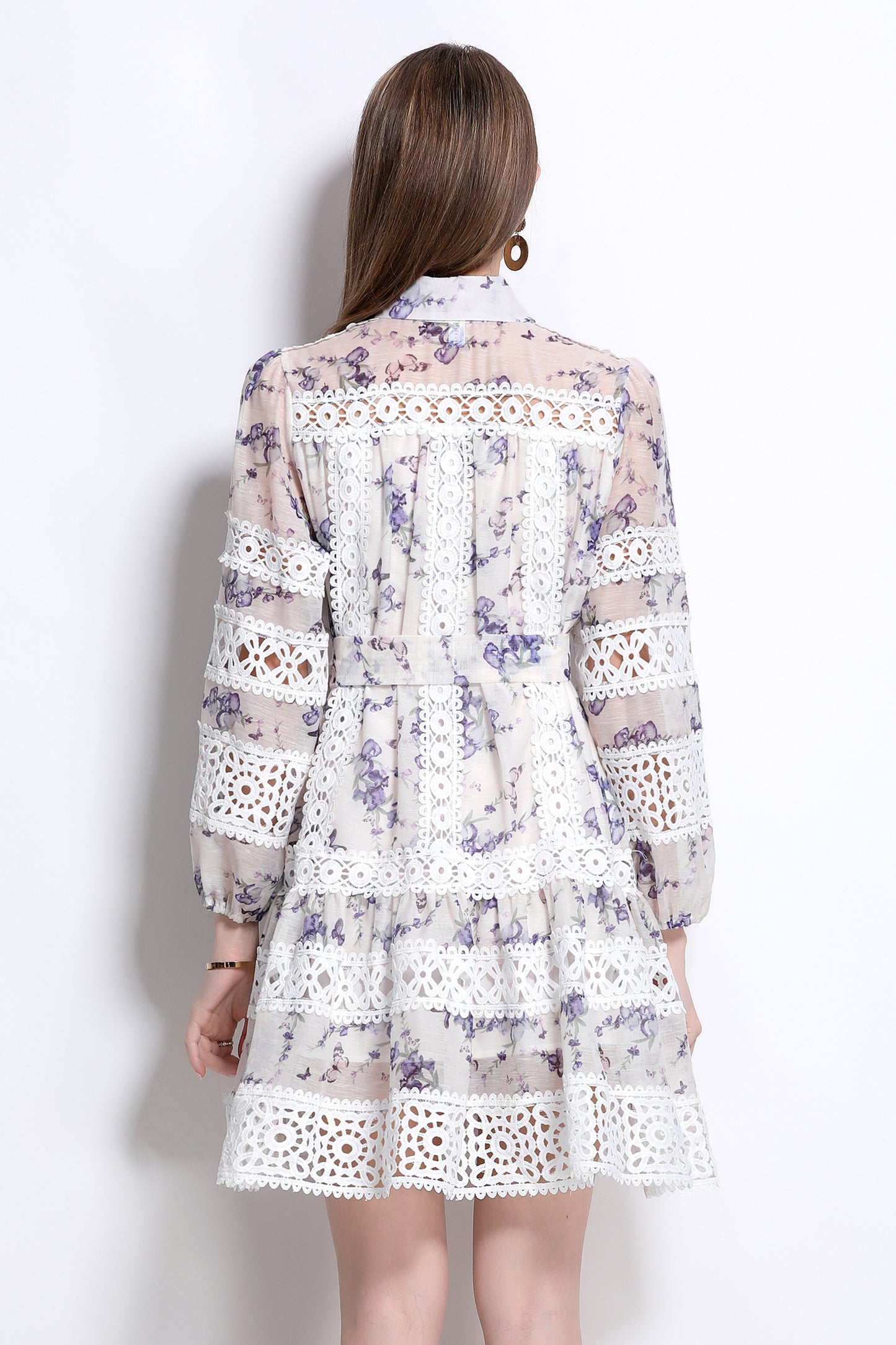 Women's Puff Sleeves Lace Print Hollow Mini Dress