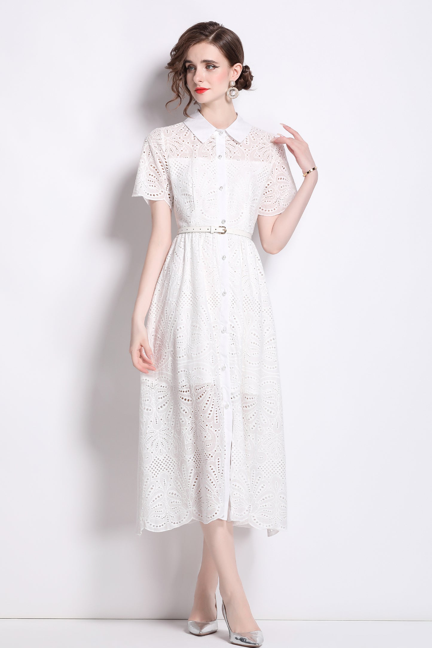 Women's Lace Hollow Collar Short Sleeve Midi Dress