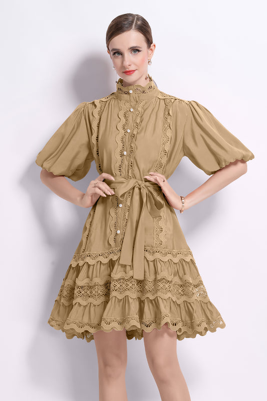 Women Mock Neck Puff Sleeve Lace Mini Dress