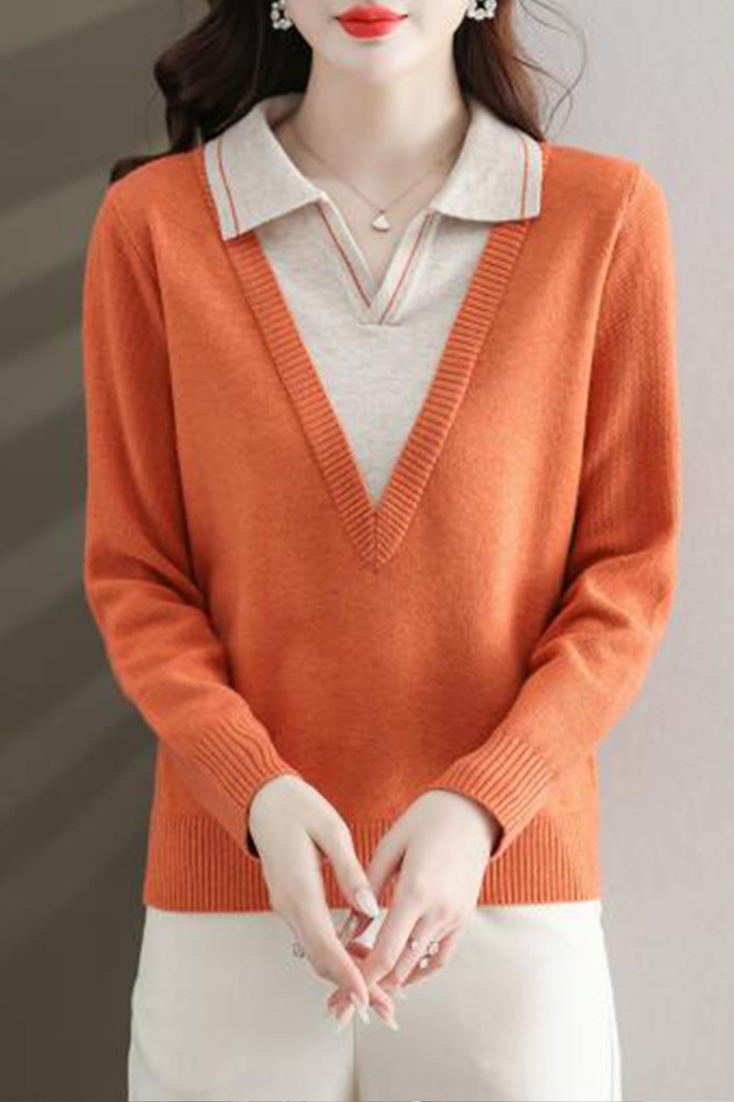 Collar Shirt V-Neck Patchwork Blouse Top - LAI MENG FIVE CATS