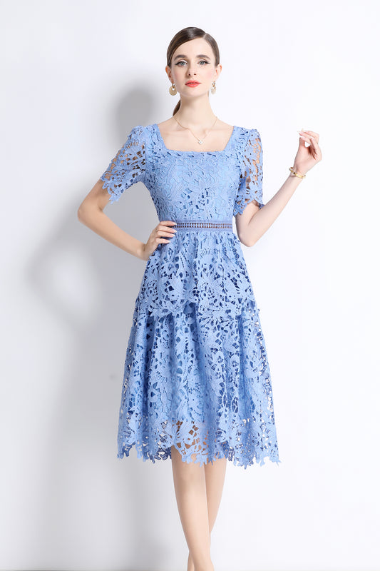 Women's Lace Square Neck Sort Sleeve Midi Dress