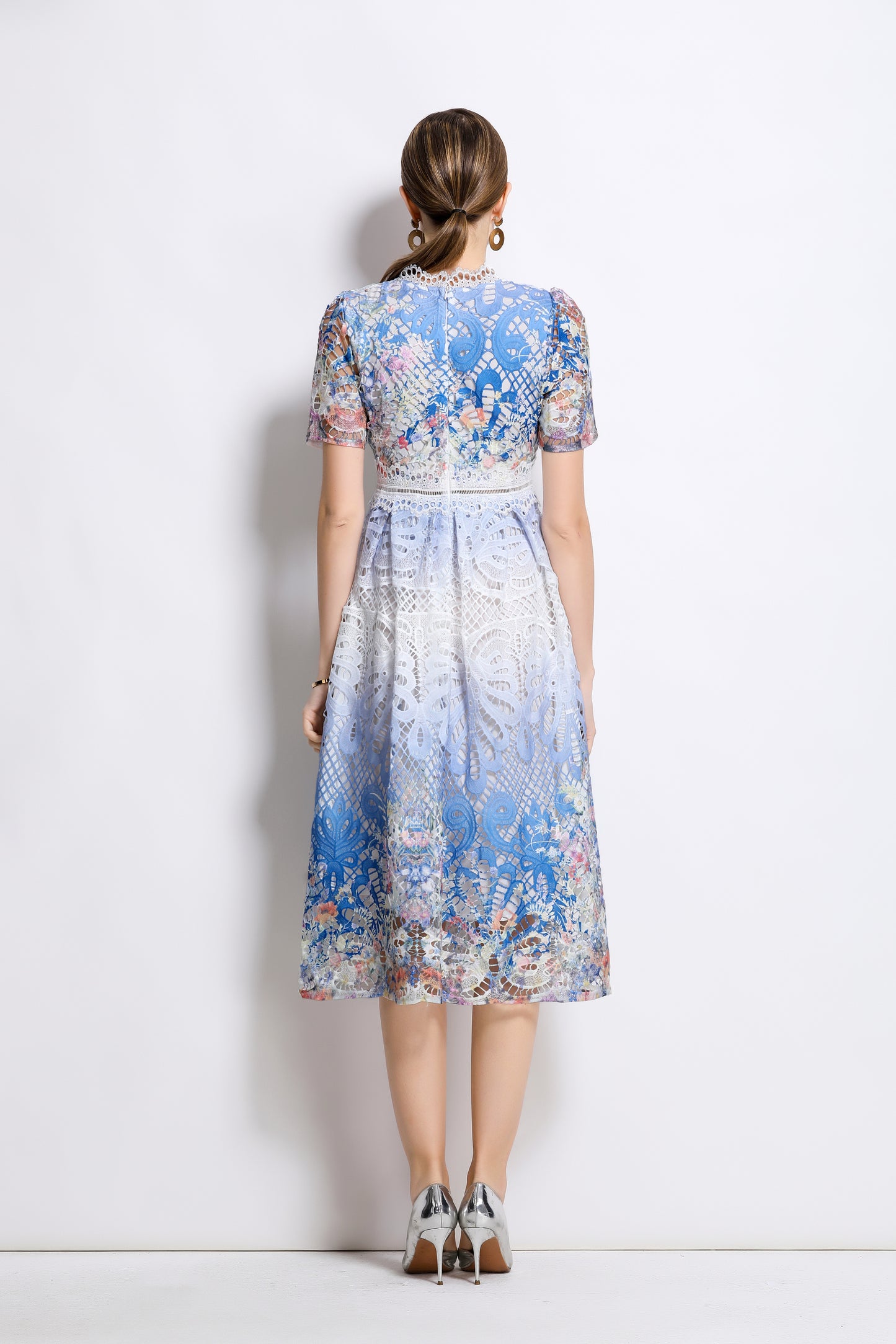 Women's Lace Floral Short Sleeve Midi Dress