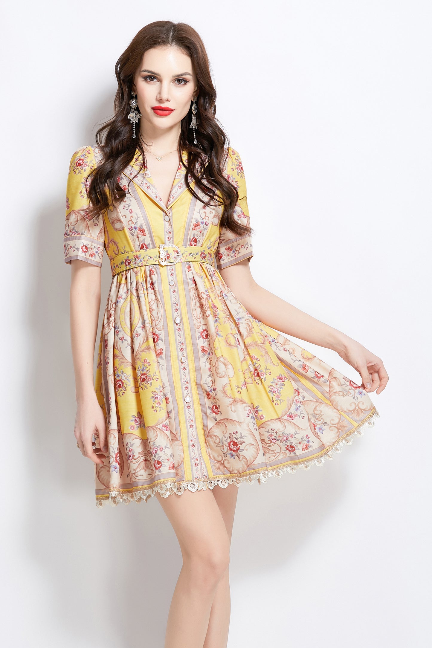 Women's V Neck Floral Print Mini Dress