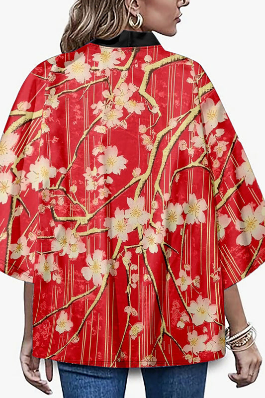 Women's Floral Print Puff Sleeve Japanese Kimono Tops