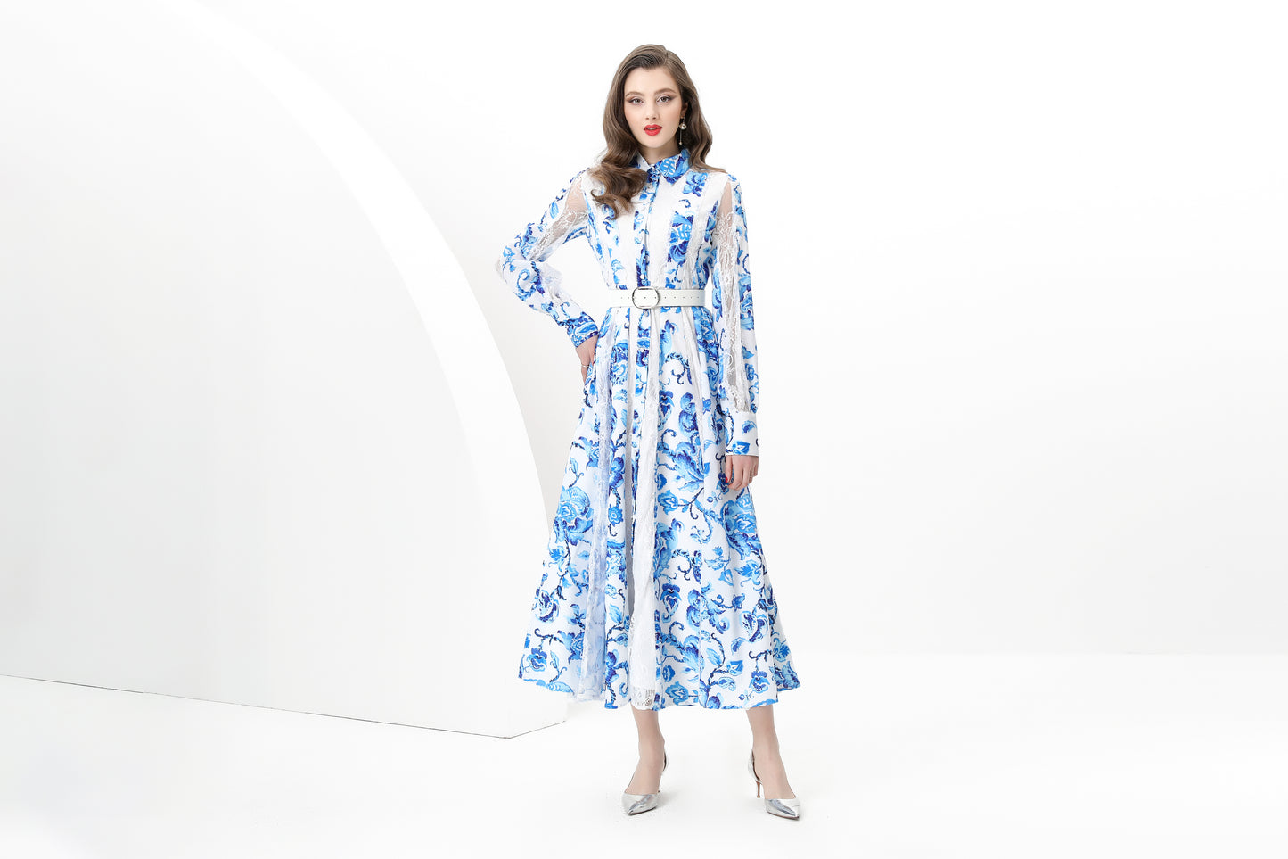 Women's Floral Print Lace Puff Sleeve Maxi Dresses