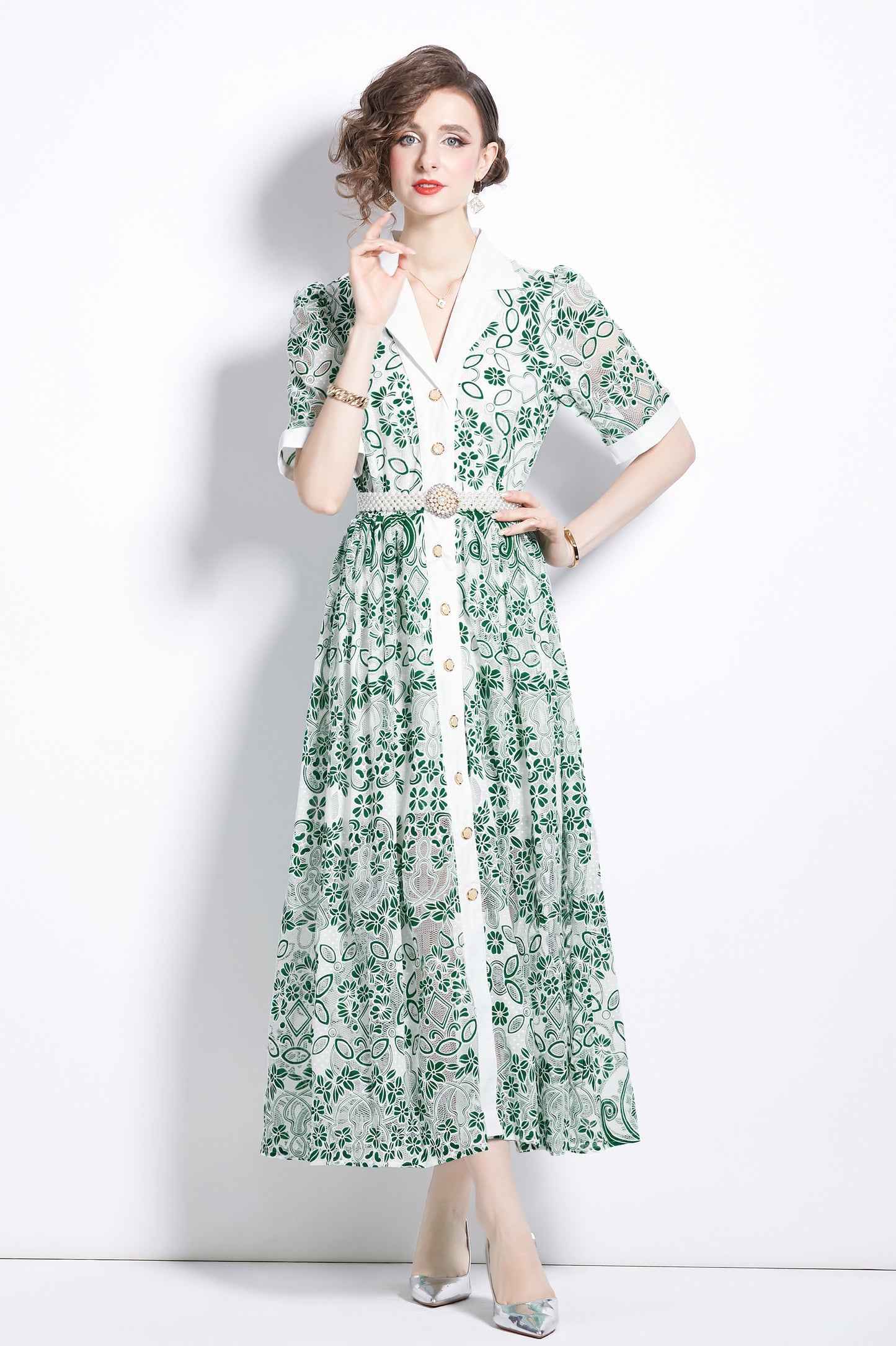 Women's Mesh Embroidery V-Neck Lace Maxi Dress