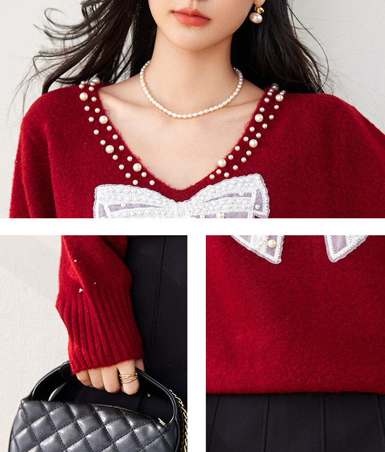 SD-Bow Sparkling Beads Pullover Sweater - LAI MENG FIVE CATS