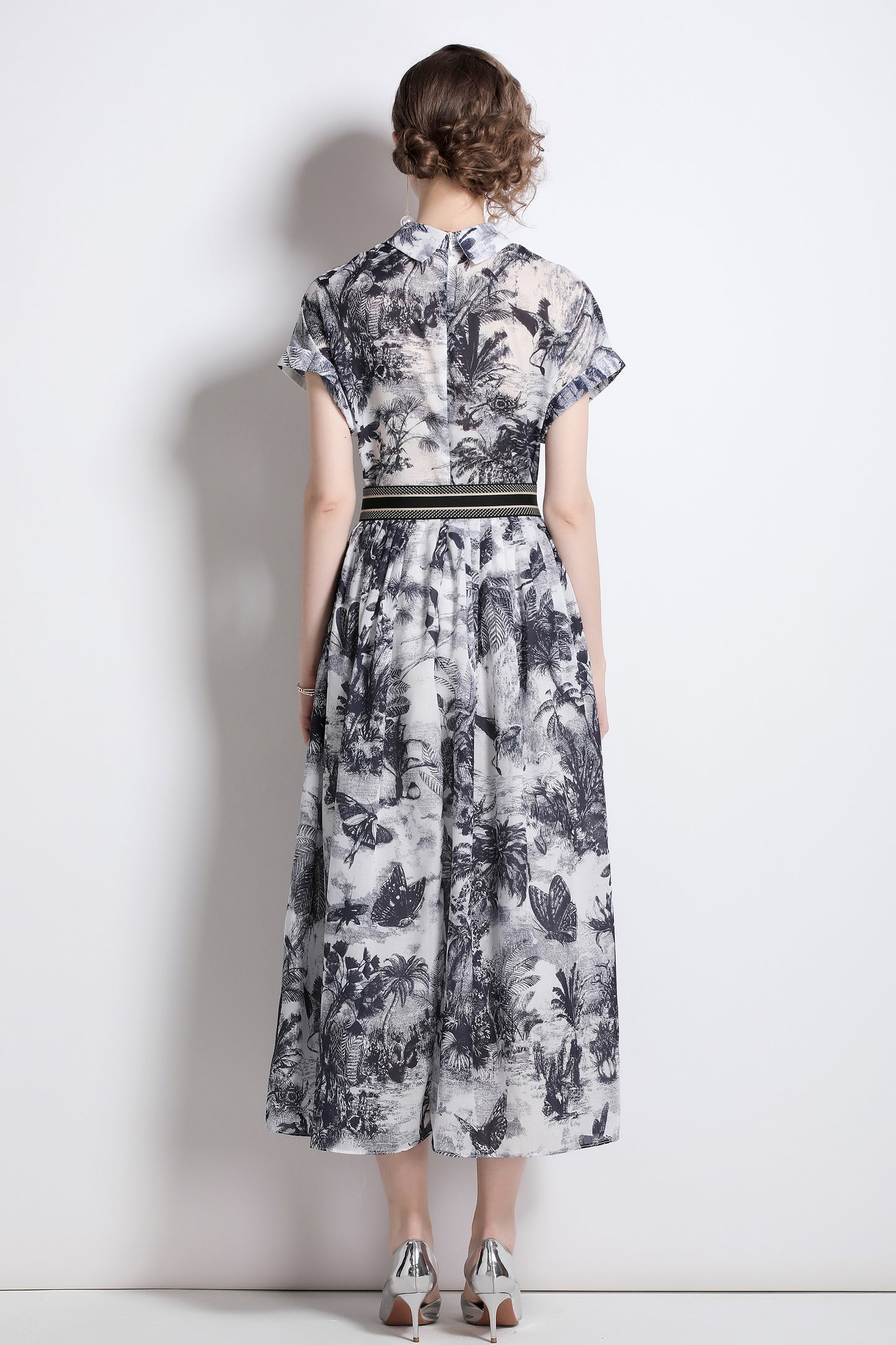 Women's Short Sleeves Collar Printed Midi Dress