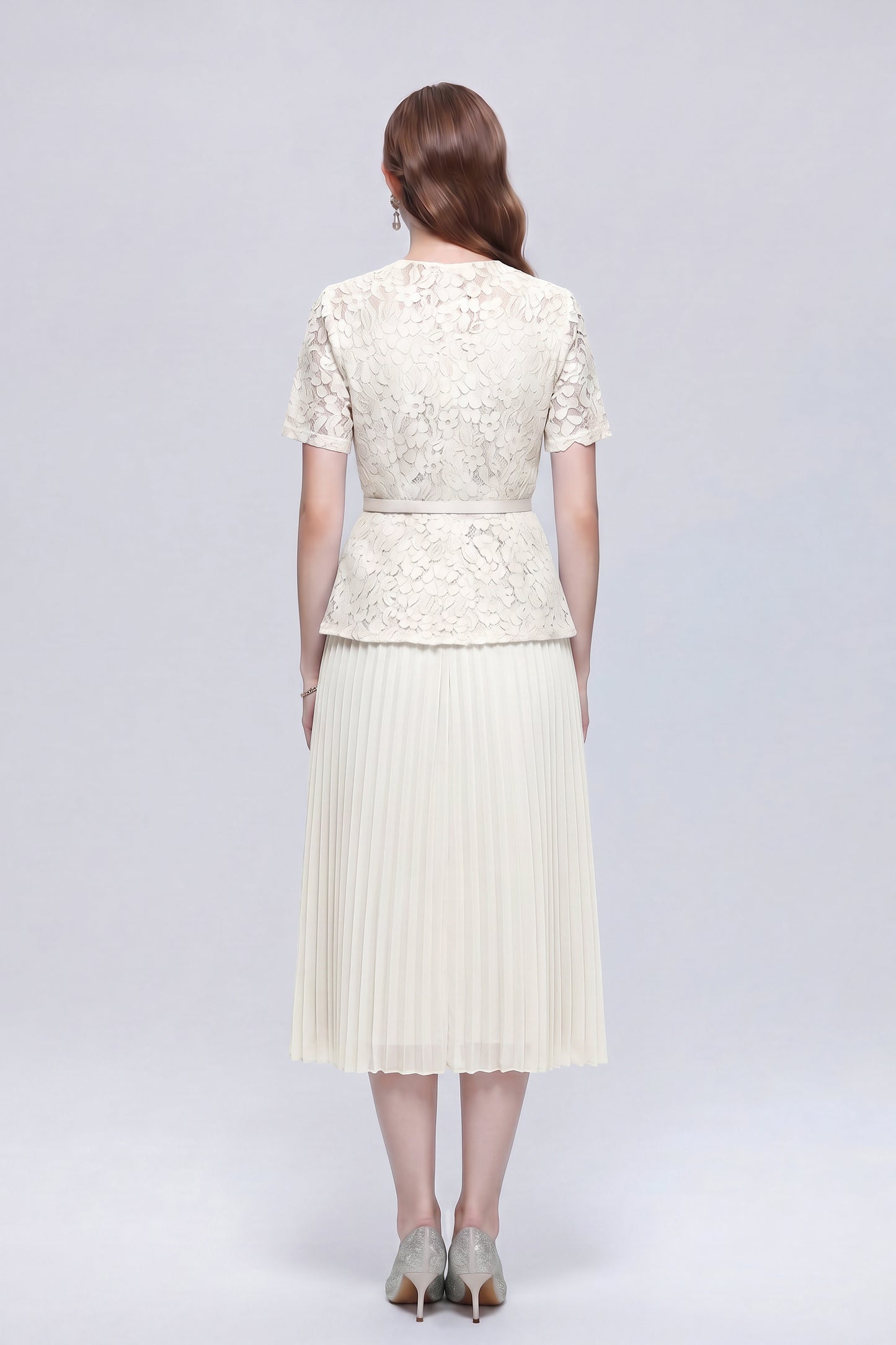 Graceful Square Neck Lace Pleated Button Midi Dress - LAI MENG FIVE CATS