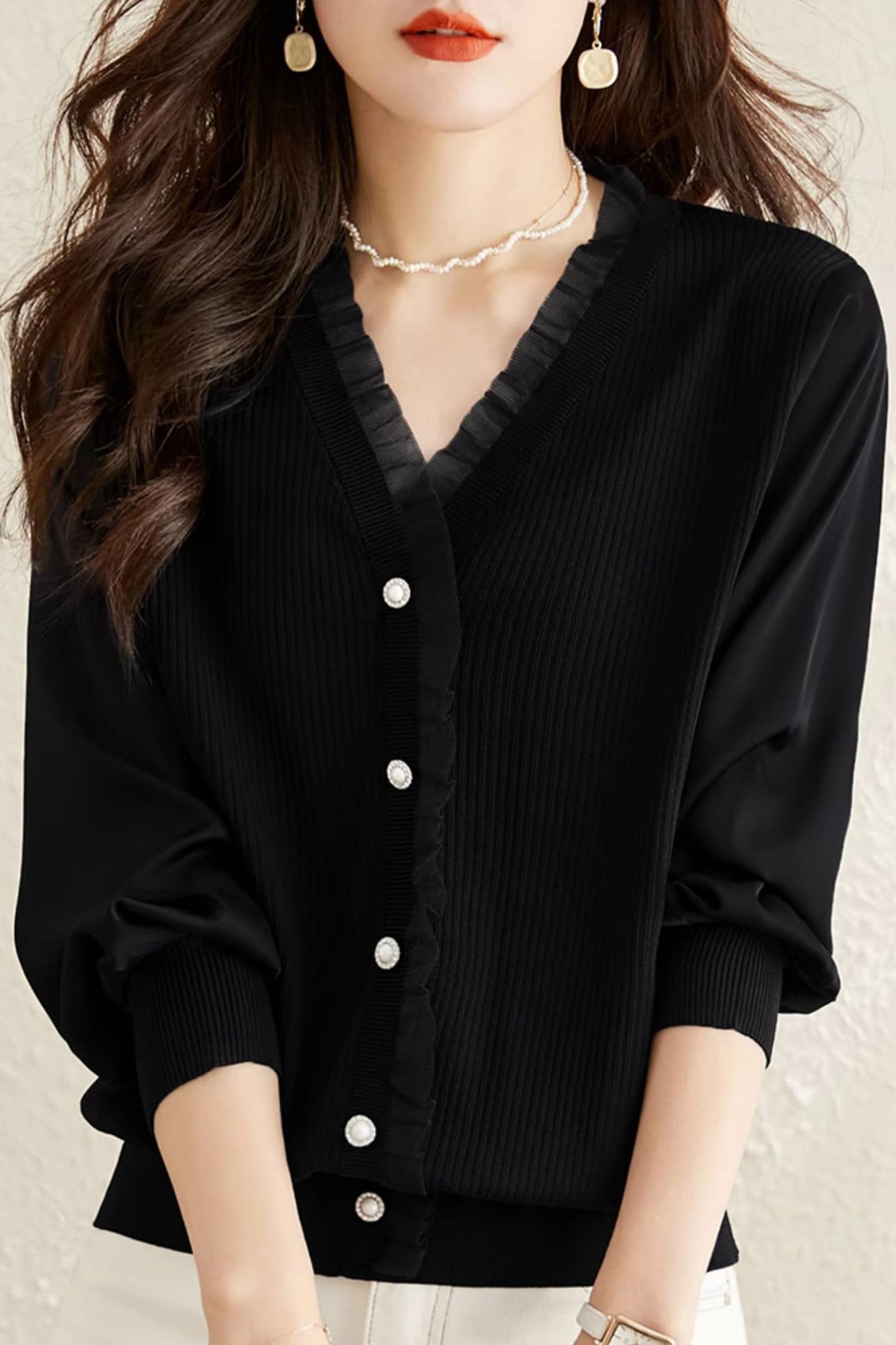 Knit Patchwork Button Casual Blouse Tops - LAI MENG FIVE CATS
