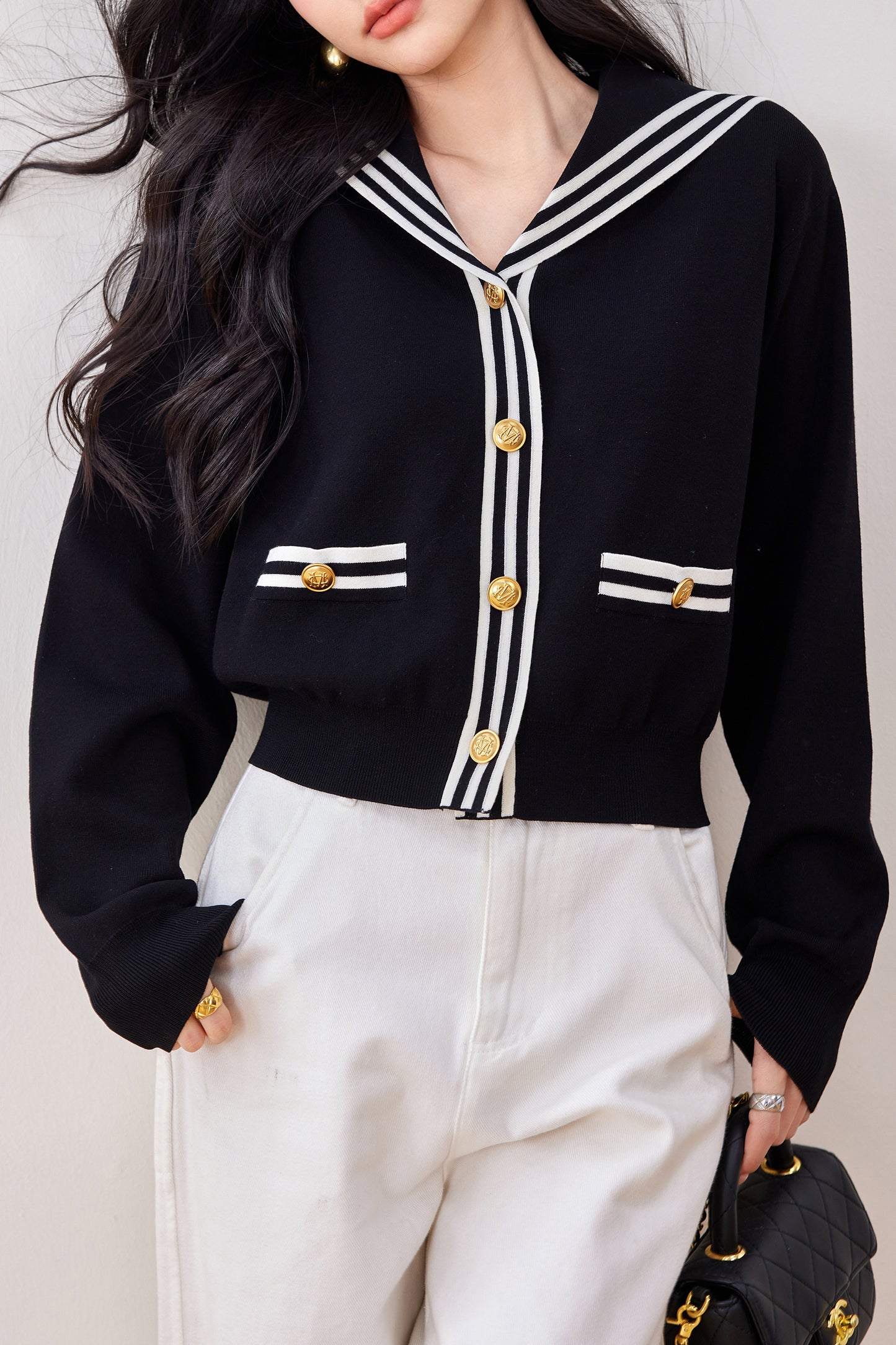 Women's Sailor Collar V-Neck Stripe Button Knit Top