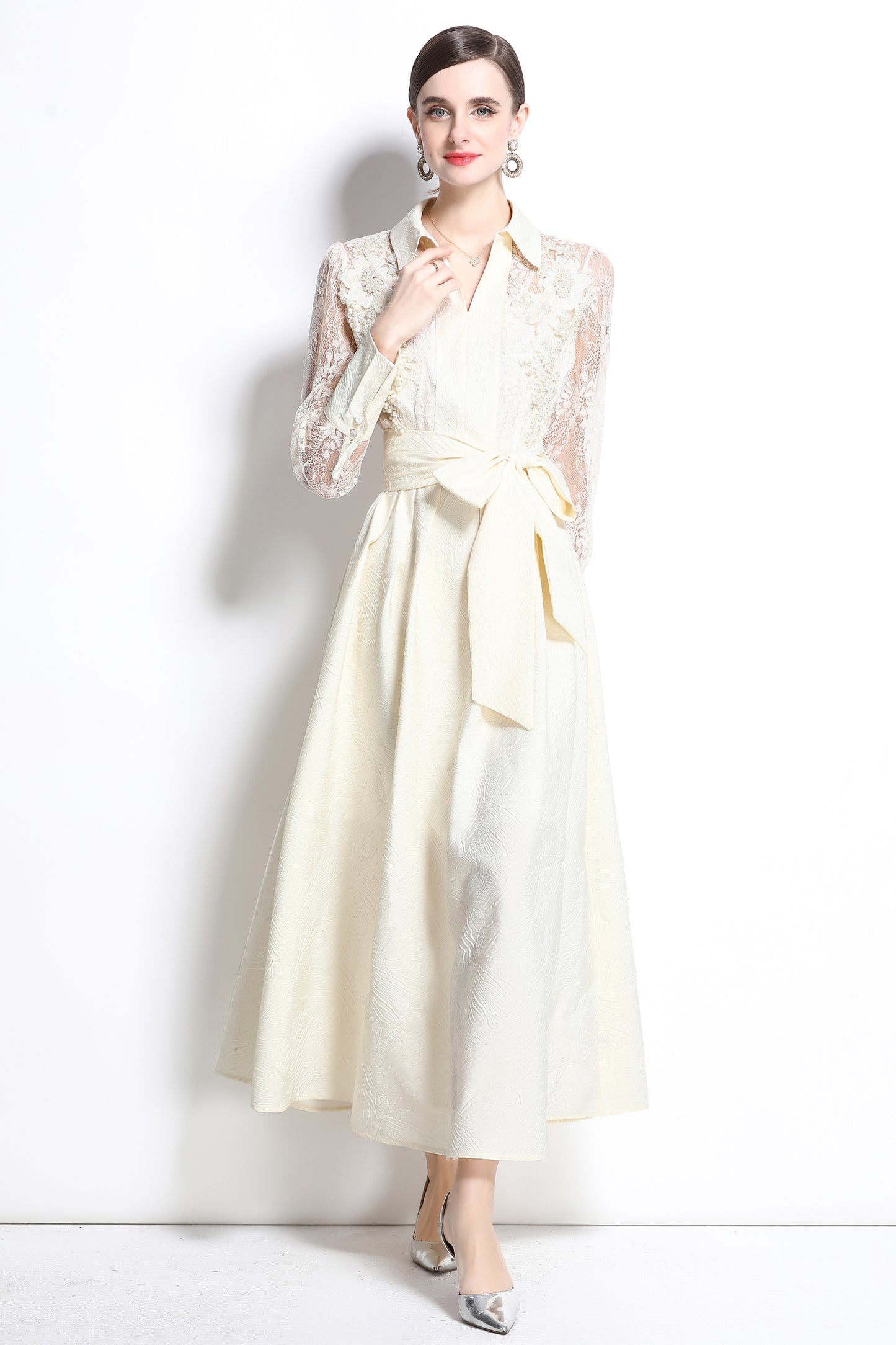 Women's Lace Pearl Decor Mesh Jacquard Maxi Dress