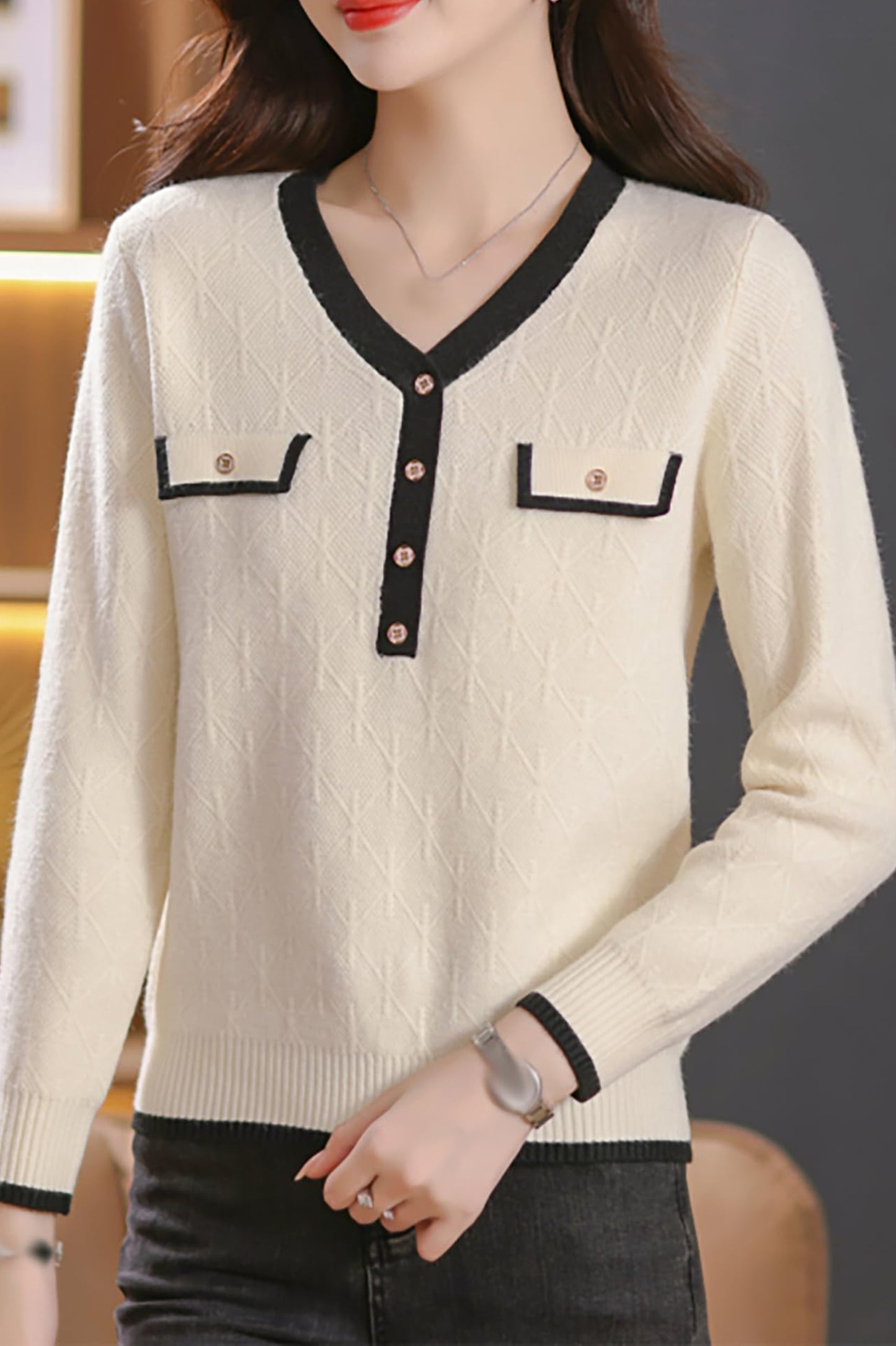 Knit Solid Color Button Pullover Tops - LAI MENG FIVE CATS