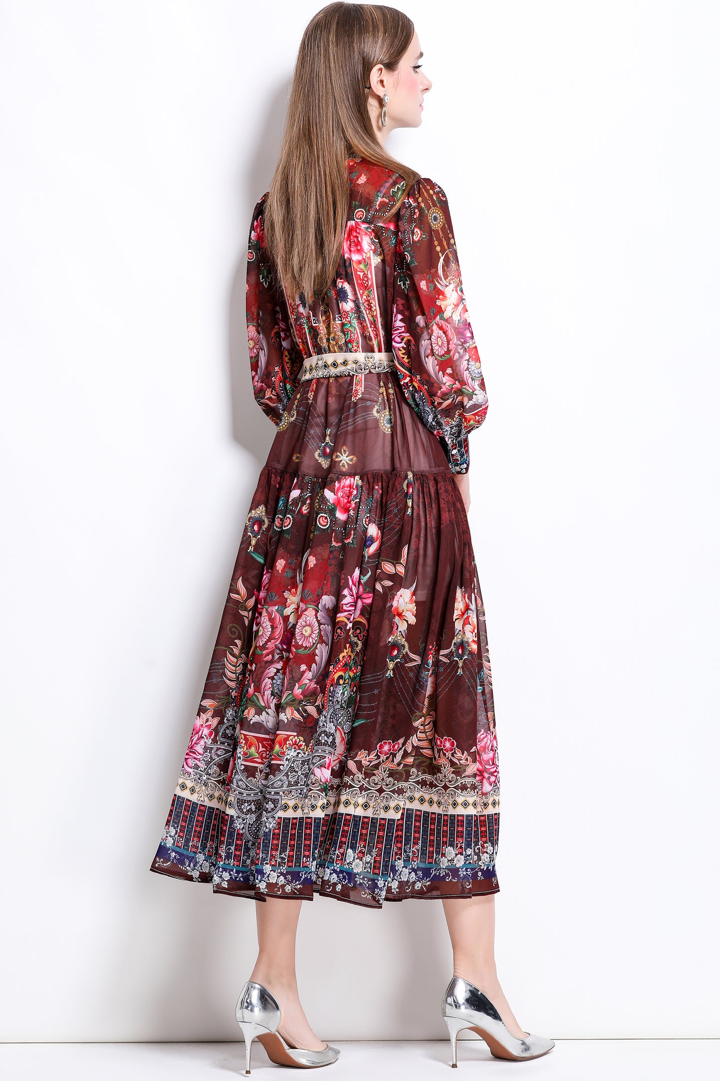 Women Floral Print Puff Sleeve Split Sheer Maxi Dress