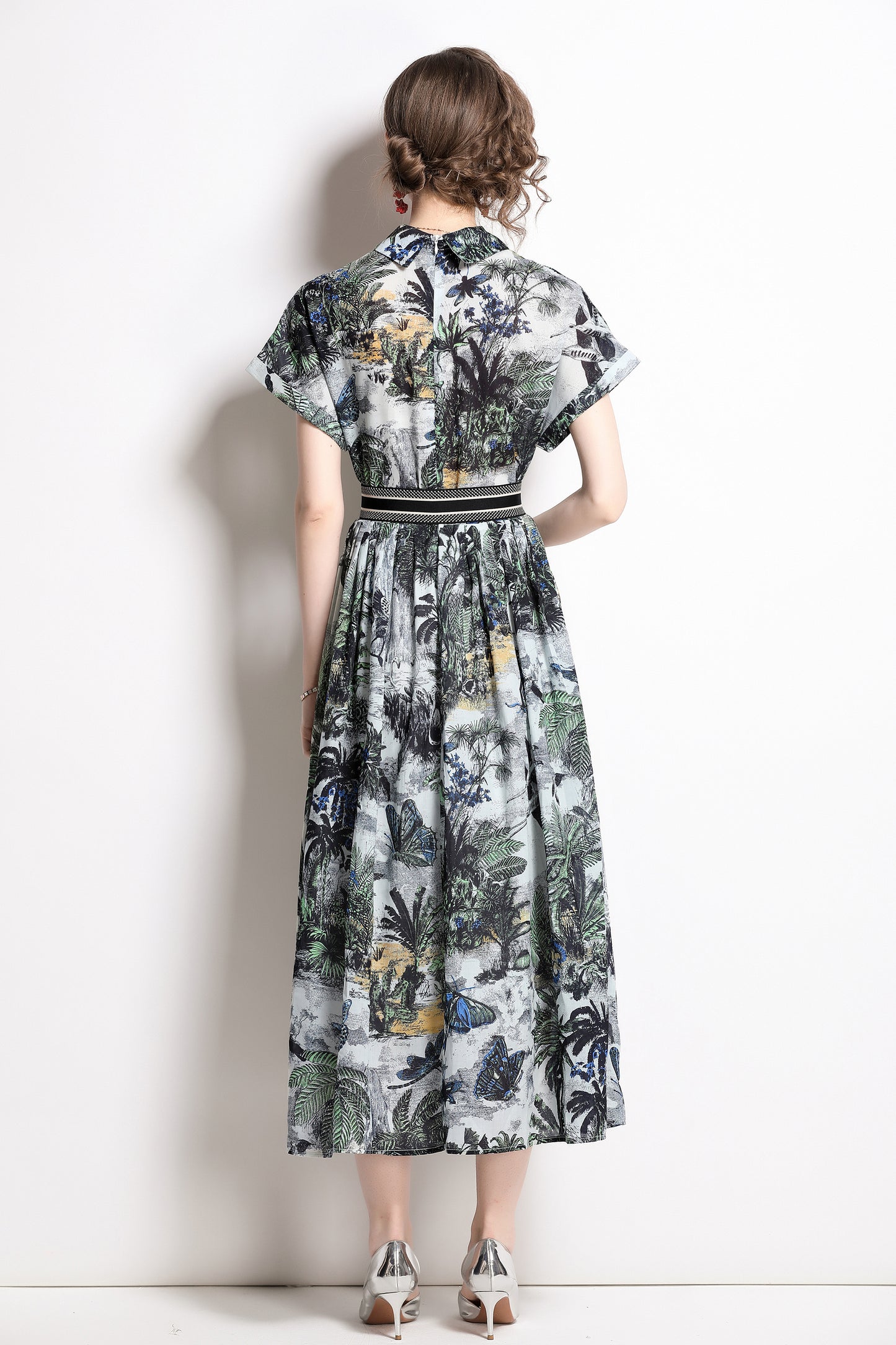 Women's Short Sleeves Collar Printed Midi Dress