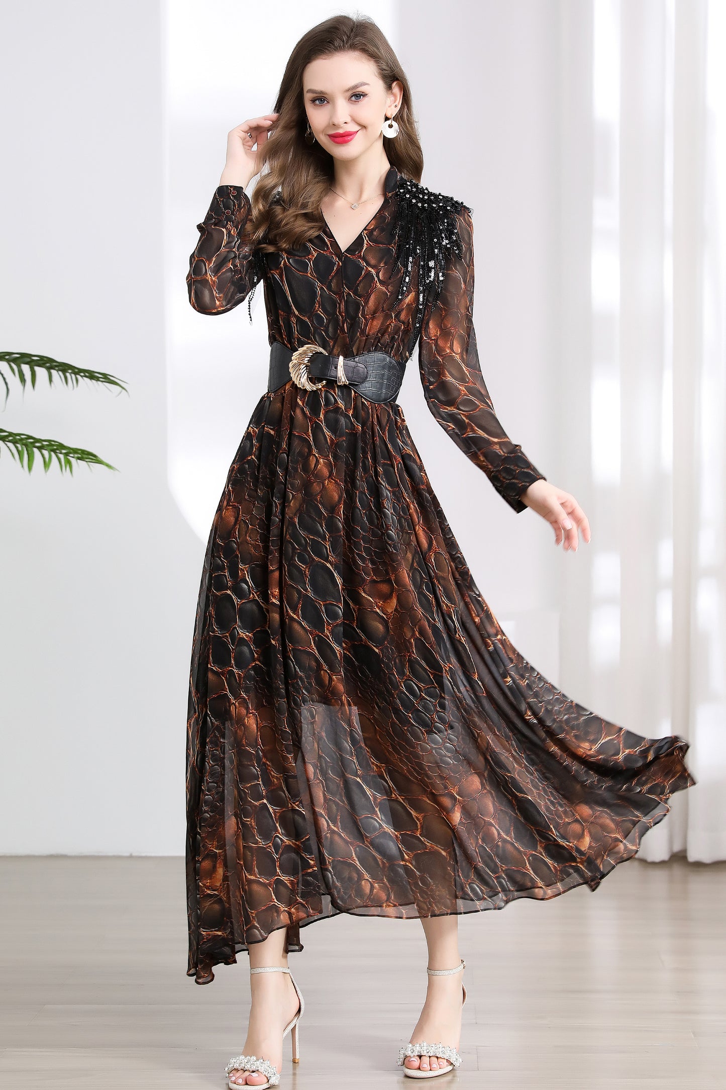 Women's V-neck Beading Irregular Hem Maxi Dress