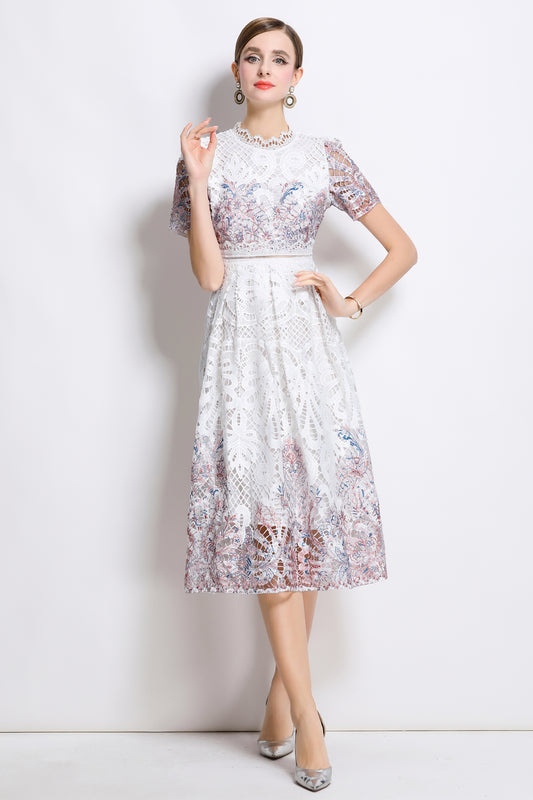 Women's Lace Floral Short Sleeve Midi Dress