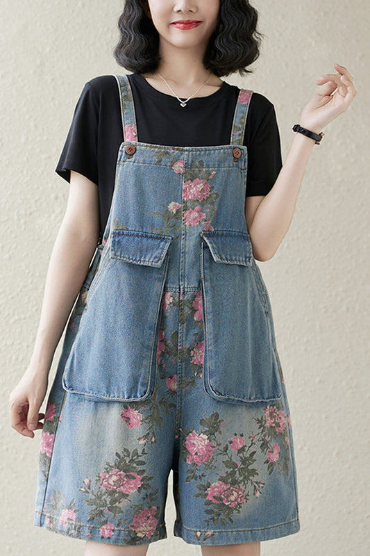 Women's Denim Bib Shorts Adjustable Strap Shortalls Romper