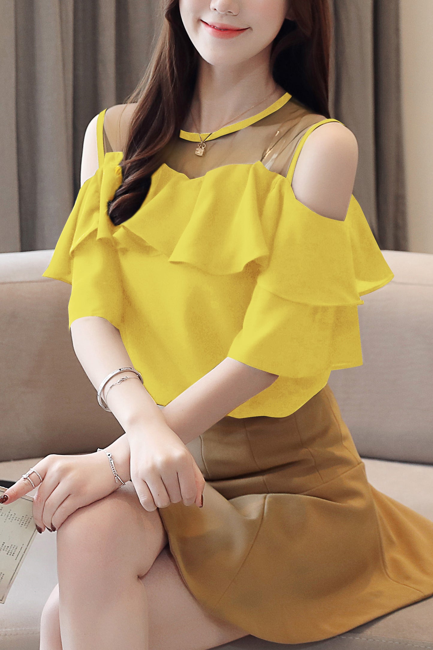 Women's Chiffon Ruffle Off Shoulder Mesh Blouse Top