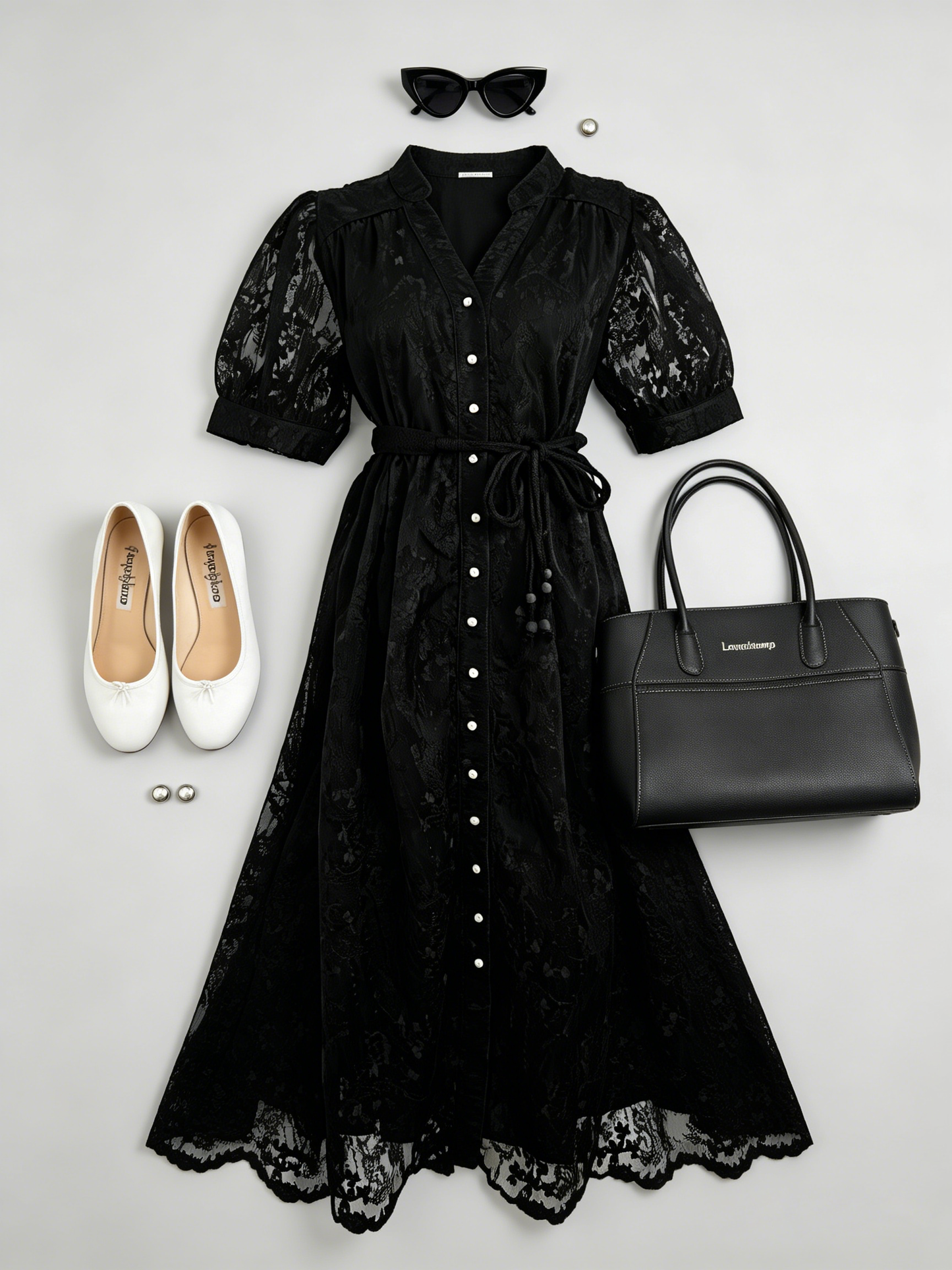 Black Embroidered Mesh Button Front Midi Dress - LAI MENG FIVE CATS