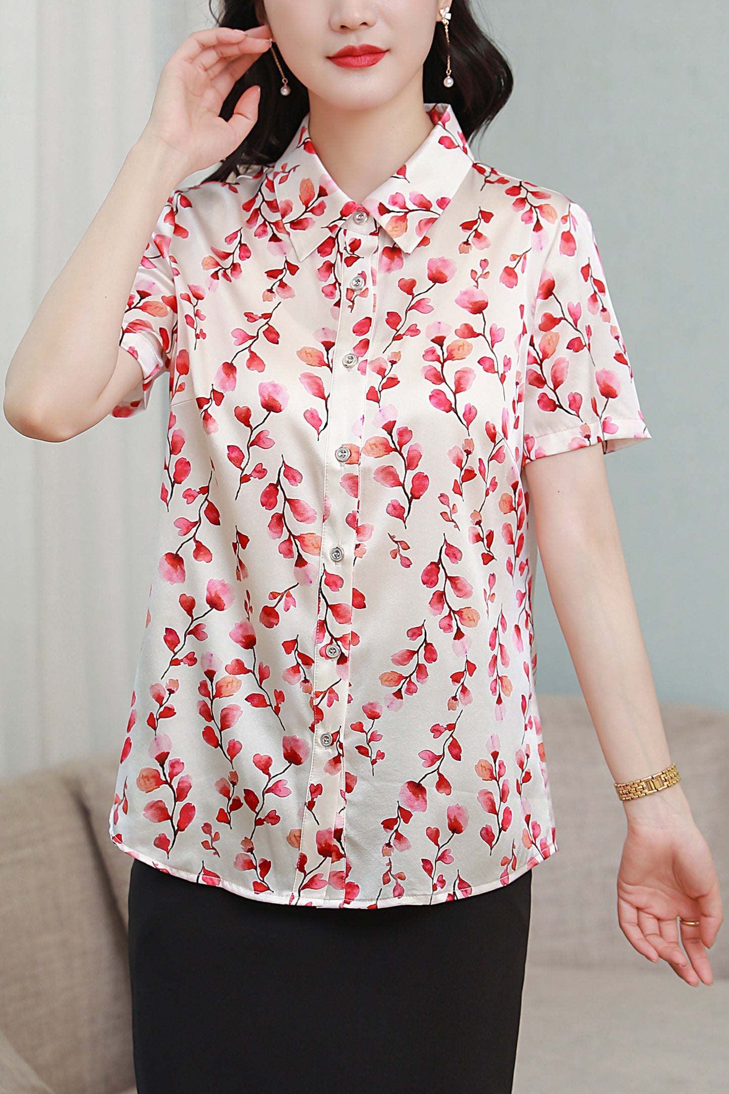 Women's Stain Floral Print Blouse Short Sleeve Tops