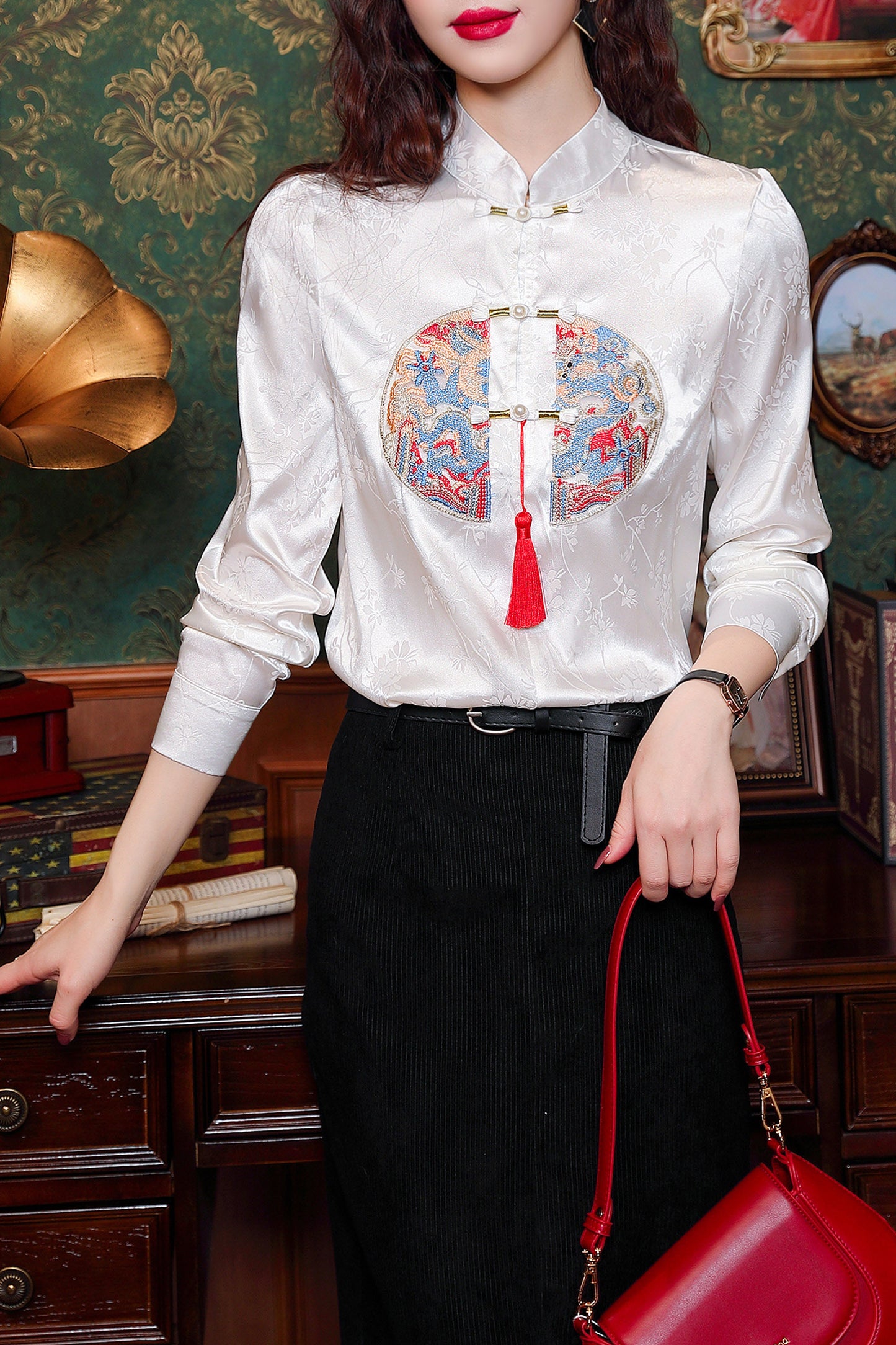 Women's Vintage chinese Silk Satin Top Embroidery Jacquard Blouses - LAI MENG FIVE CATS