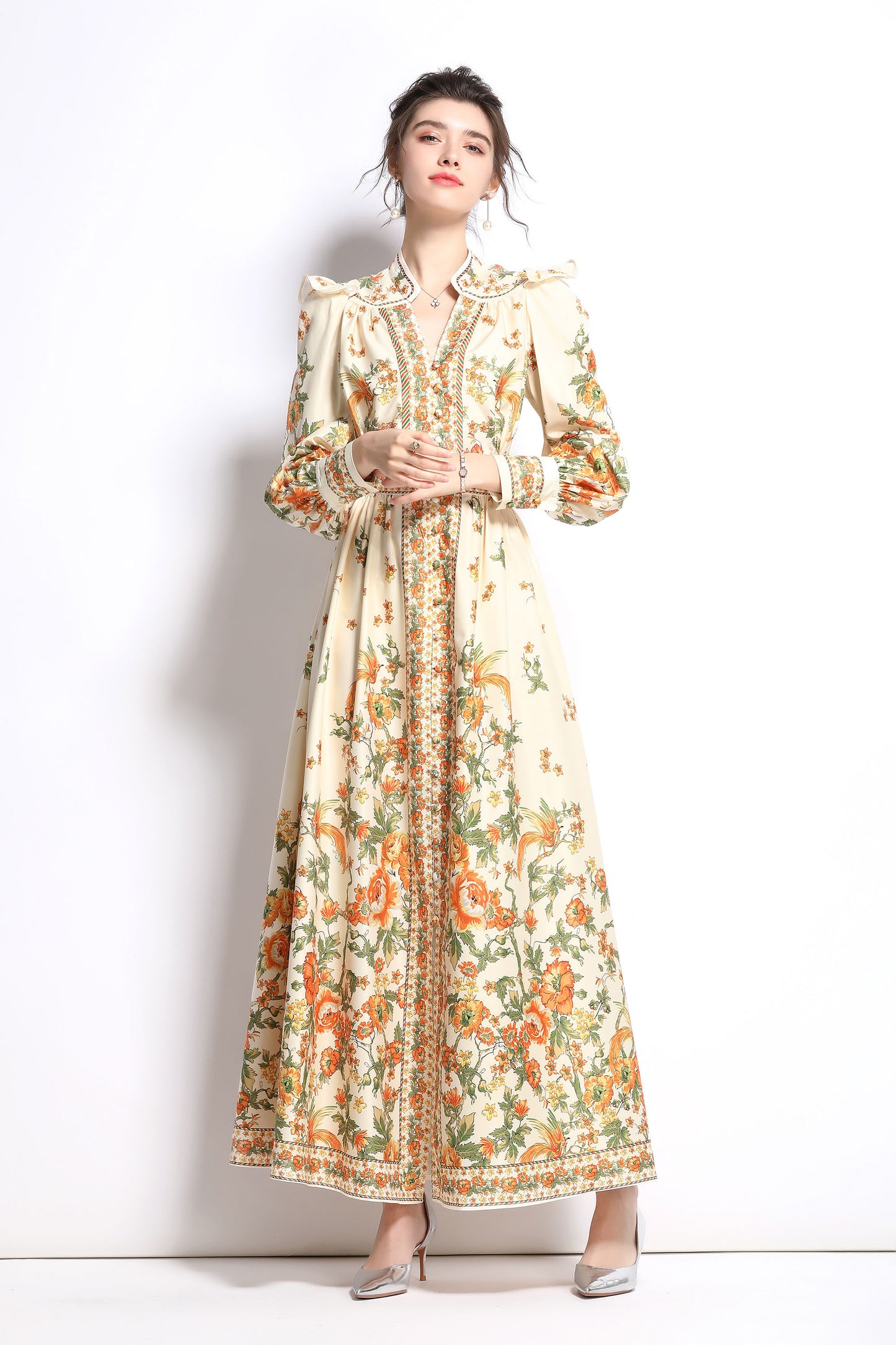 Women's Vintage Floral Print V Neck Button Front Maxi Dress - LAI MENG FIVE CATS
