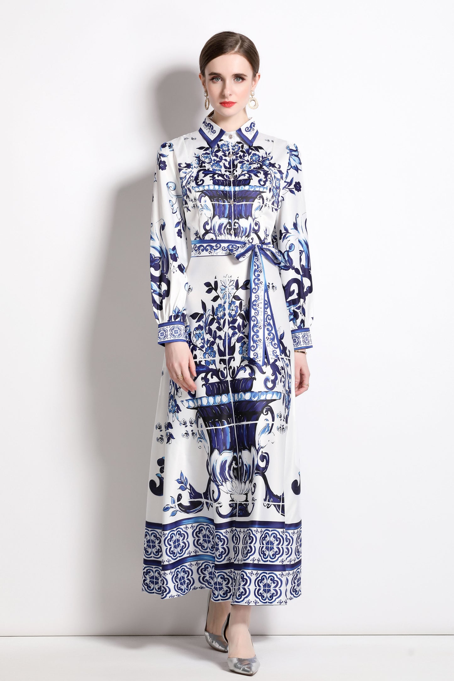 Women Vintage Trumpet Sleeves Casual A-Line Maxi Dress