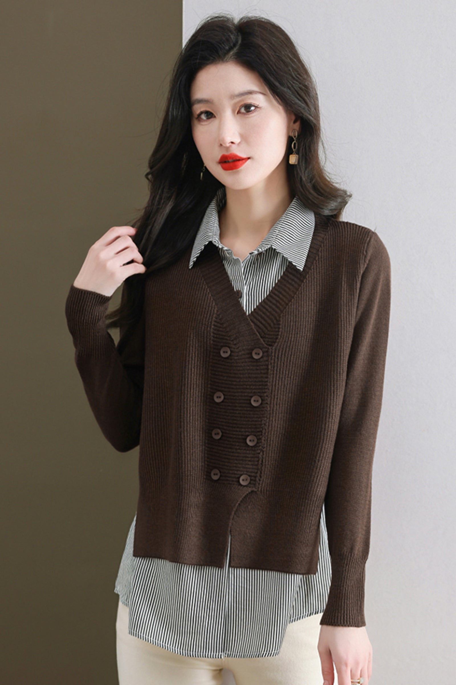 Women's Casual Patchwork Shirt Collar Long Sleeve Cotton Pullover Tops - LAI MENG FIVE CATS