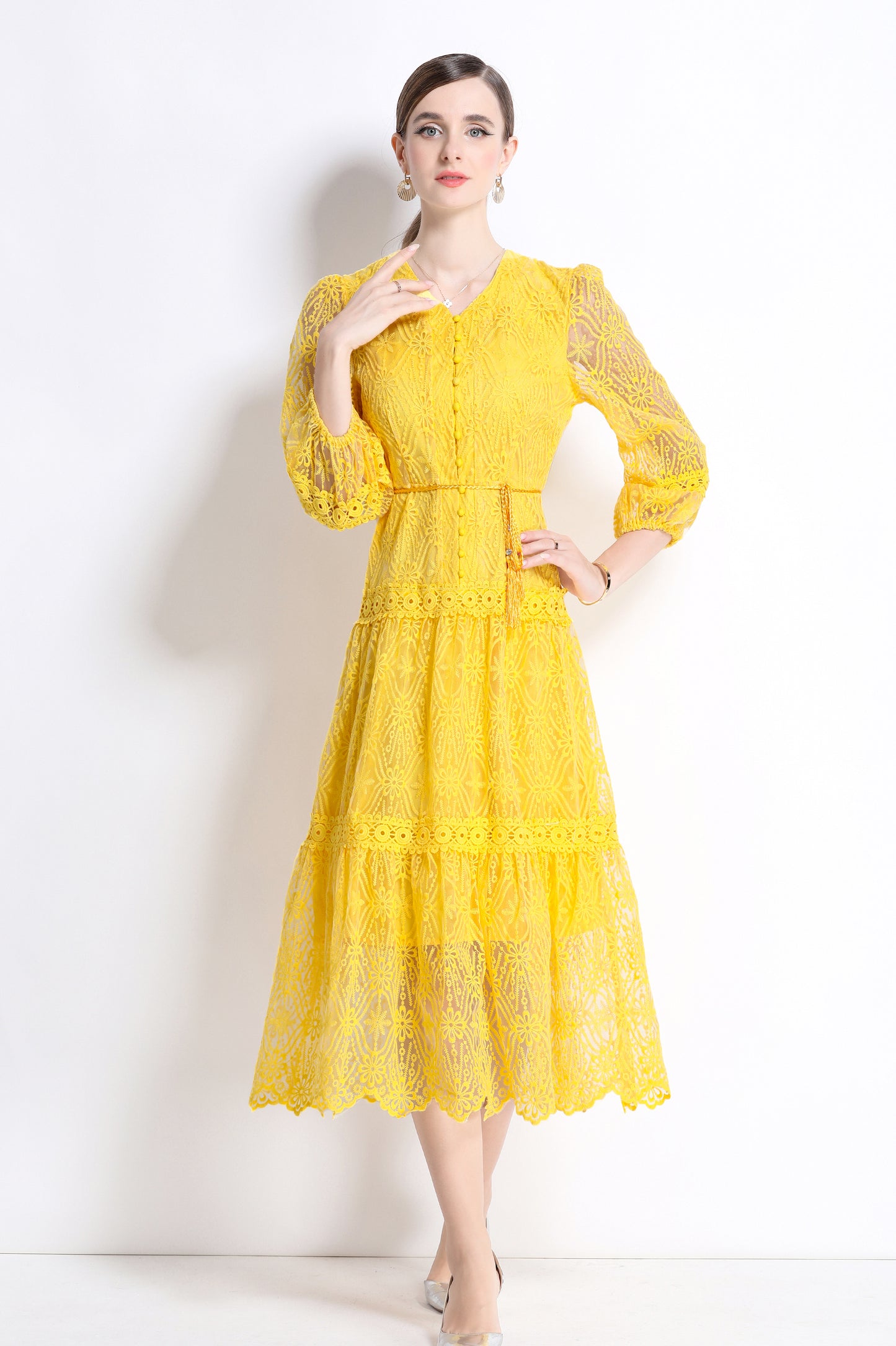Women's V-Neck Mesh Embroidery Lace Midi Dress