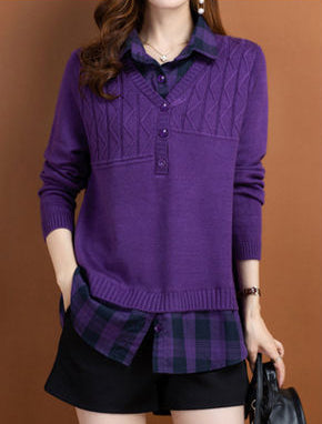 Women's V Neck Plaid Layered Look Knit Pullover Tops