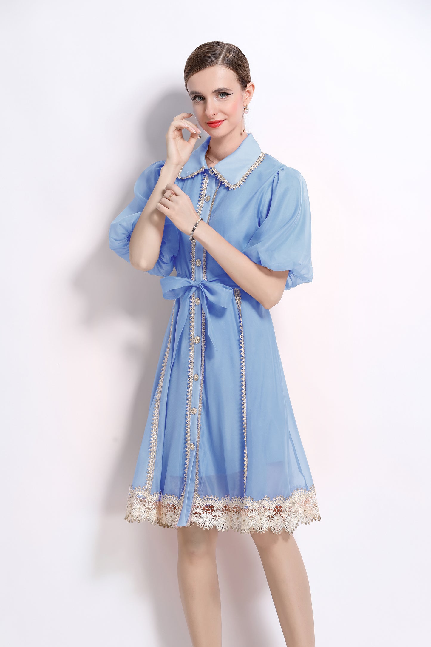 Blue Organza Button Up Lace Mini Dress
