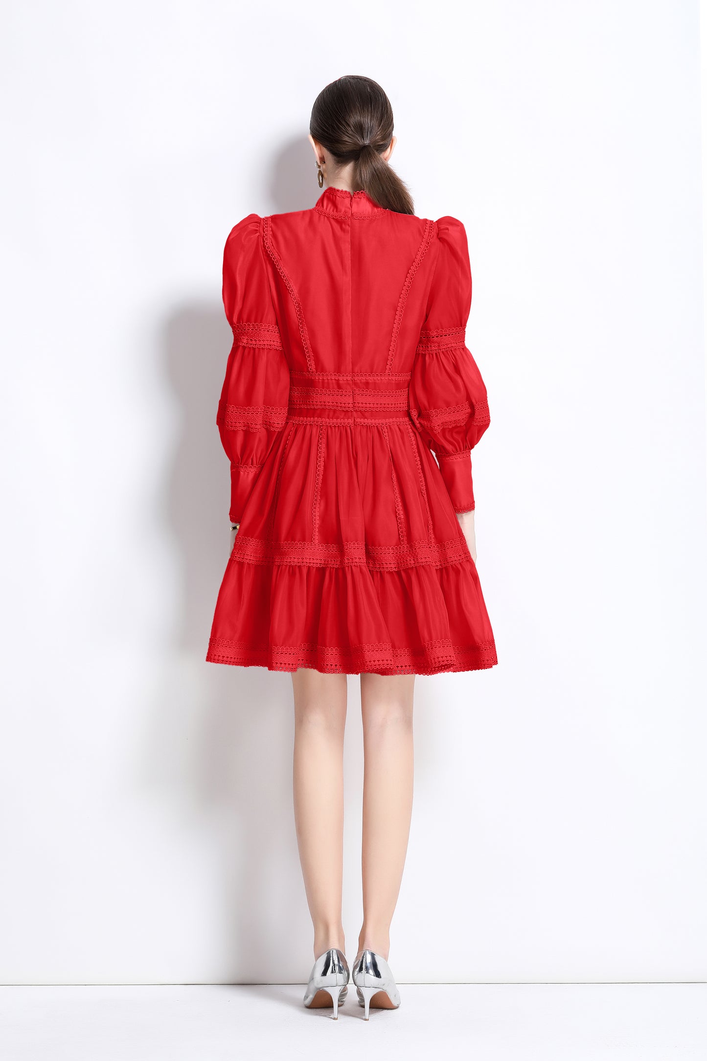 Women's Puff Sleeves Hollow Mesh Pleat Mini Dress