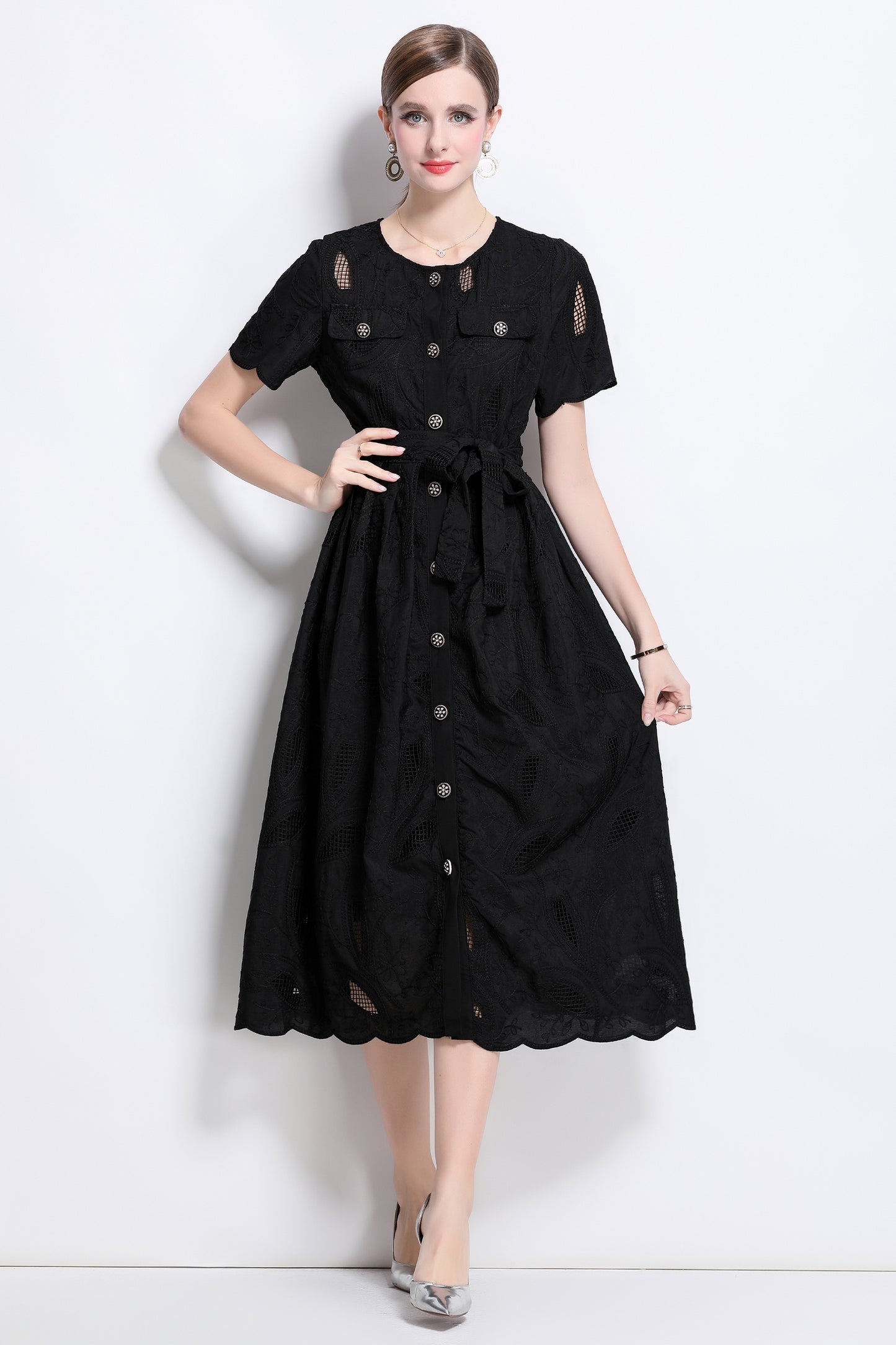 Women's Hollow Lace Short Sleeve Midi Dress
