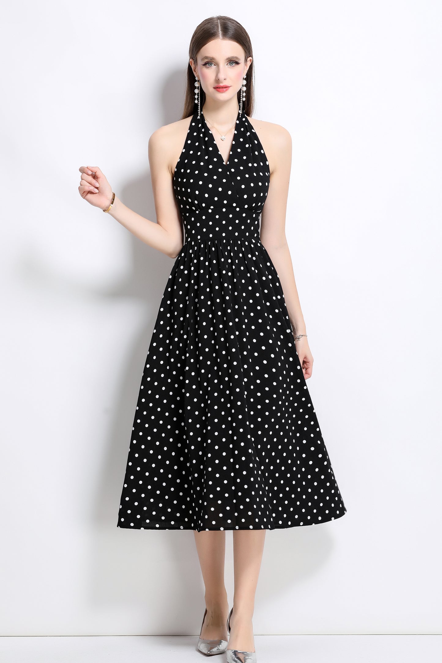 Women's Polka Dot Halter V Neck Backless Midi Dress