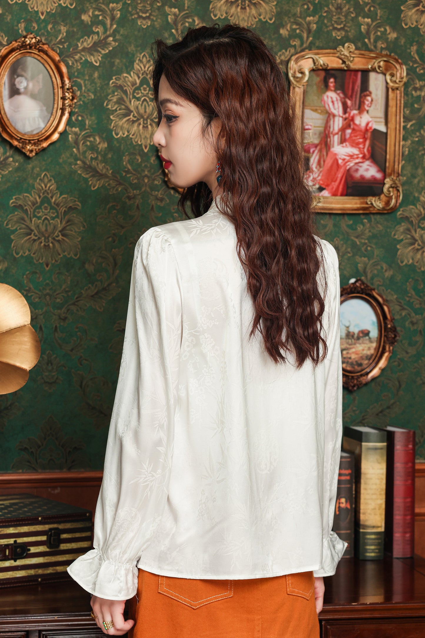 Women's Silk Satin Pearl Jacquard Blouse Top