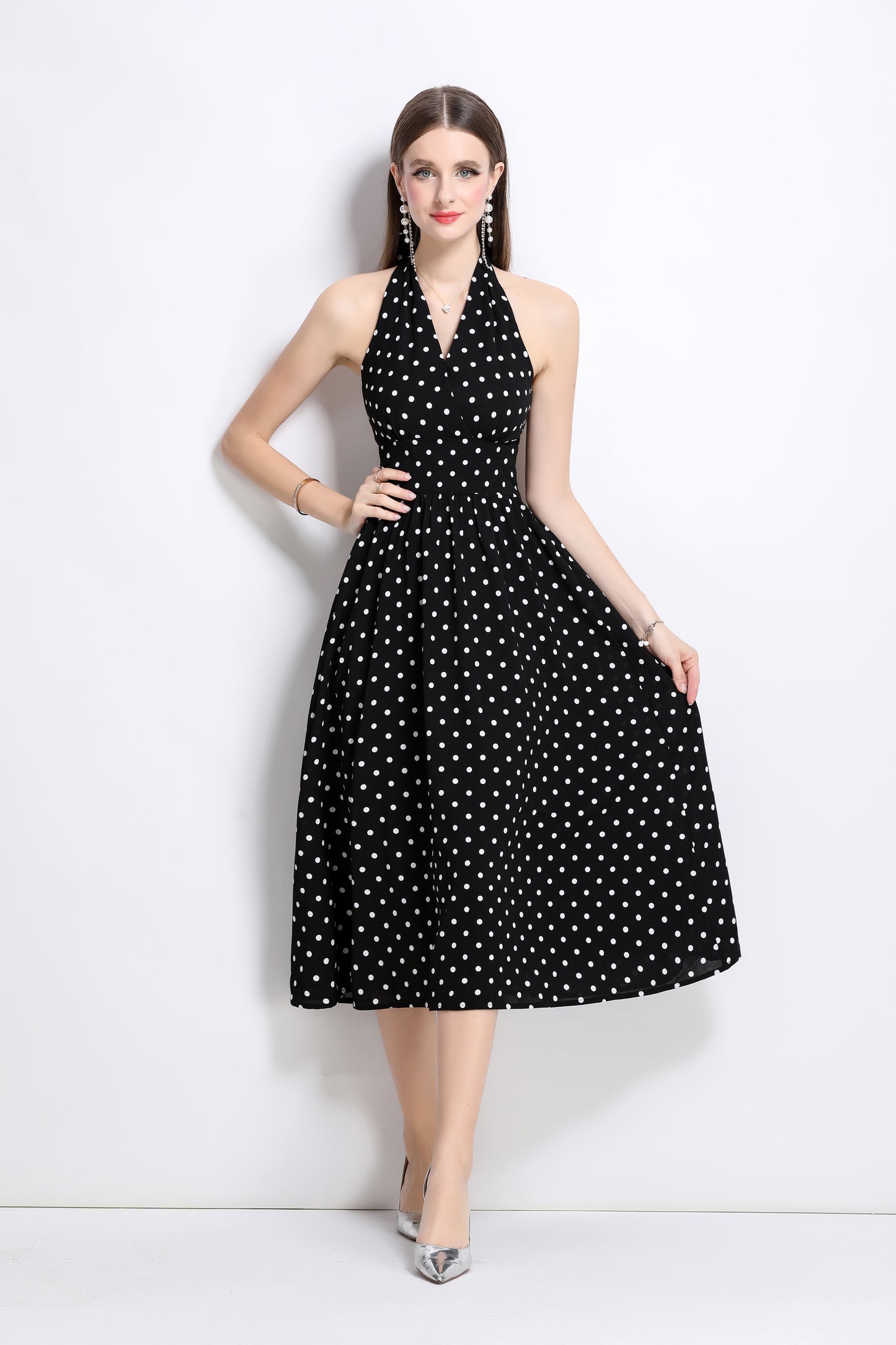 Women's Polka Dot Halter V Neck Backless Midi Dress