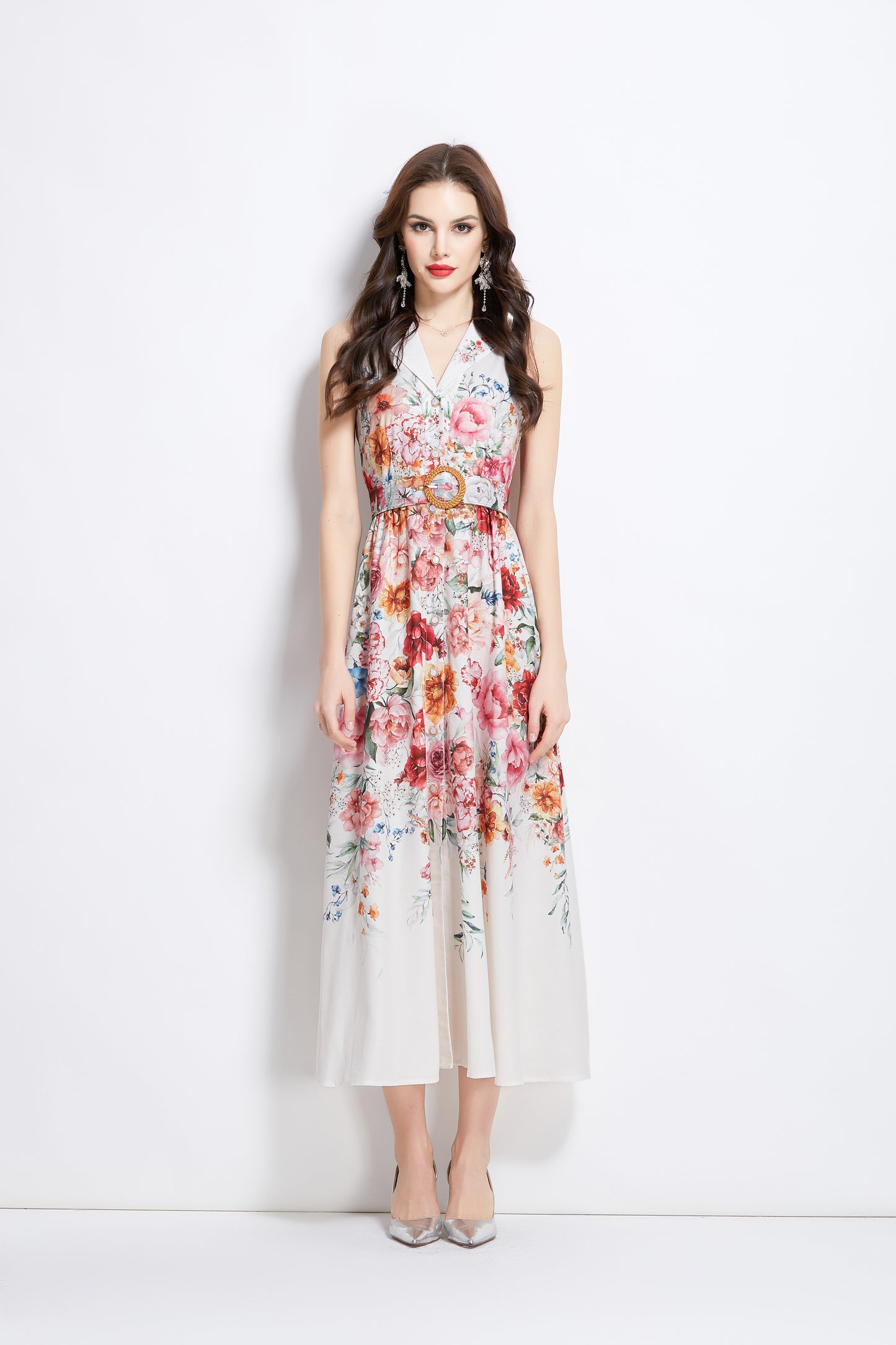 Women's Floral Print Sleeveless V Neck Maxi Dress