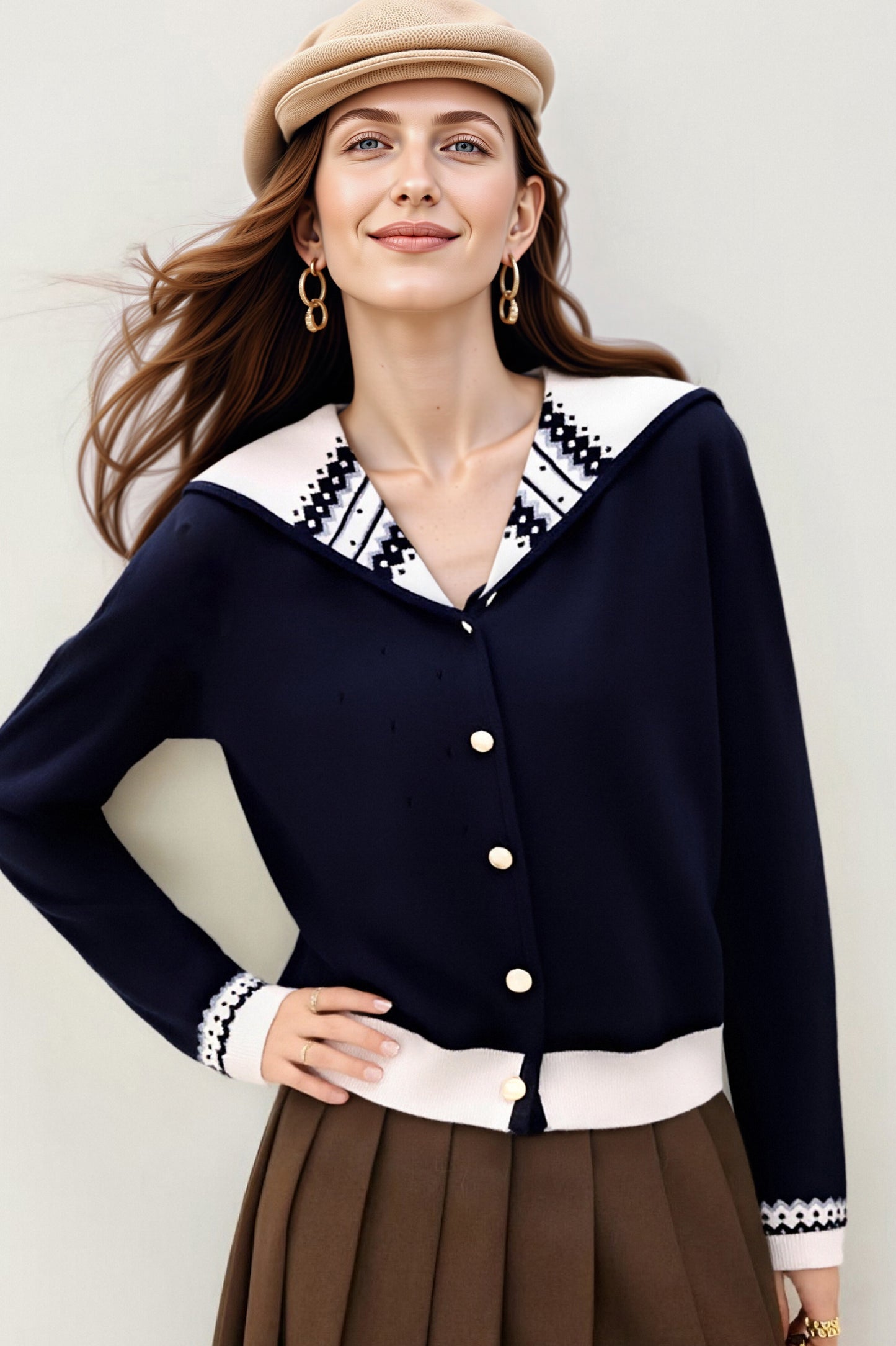 Women's Sailor Collar Long Sleeve Stripe Cardigan Sweater