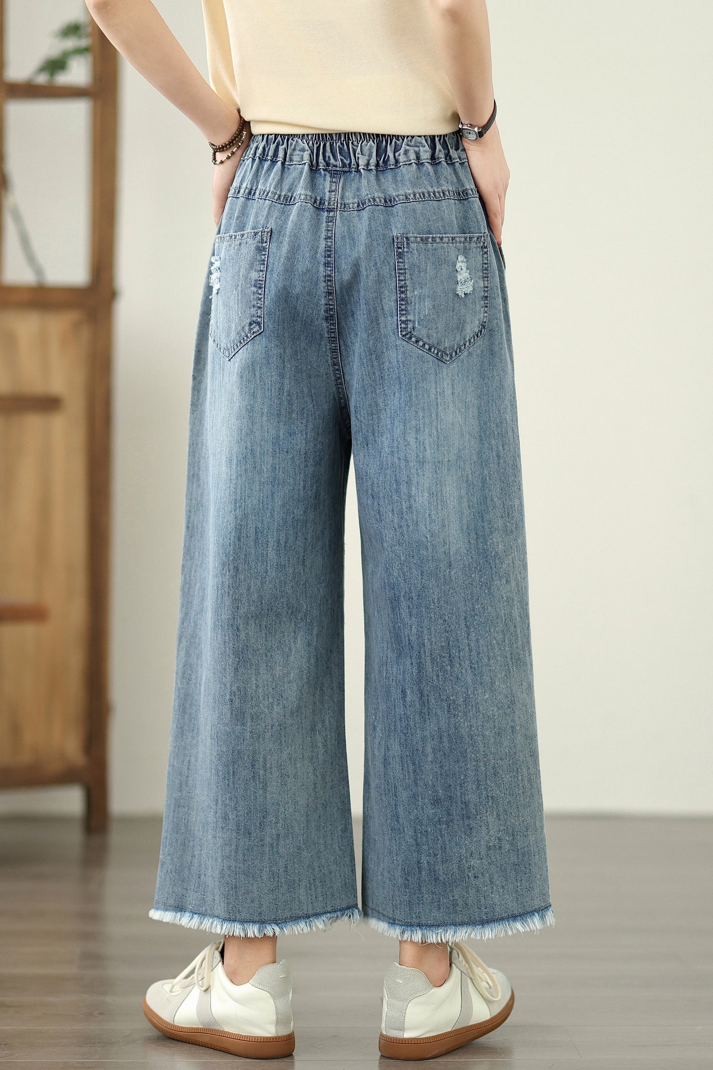 Women's Embroidery Wide Leg Denim Fringe Jeans