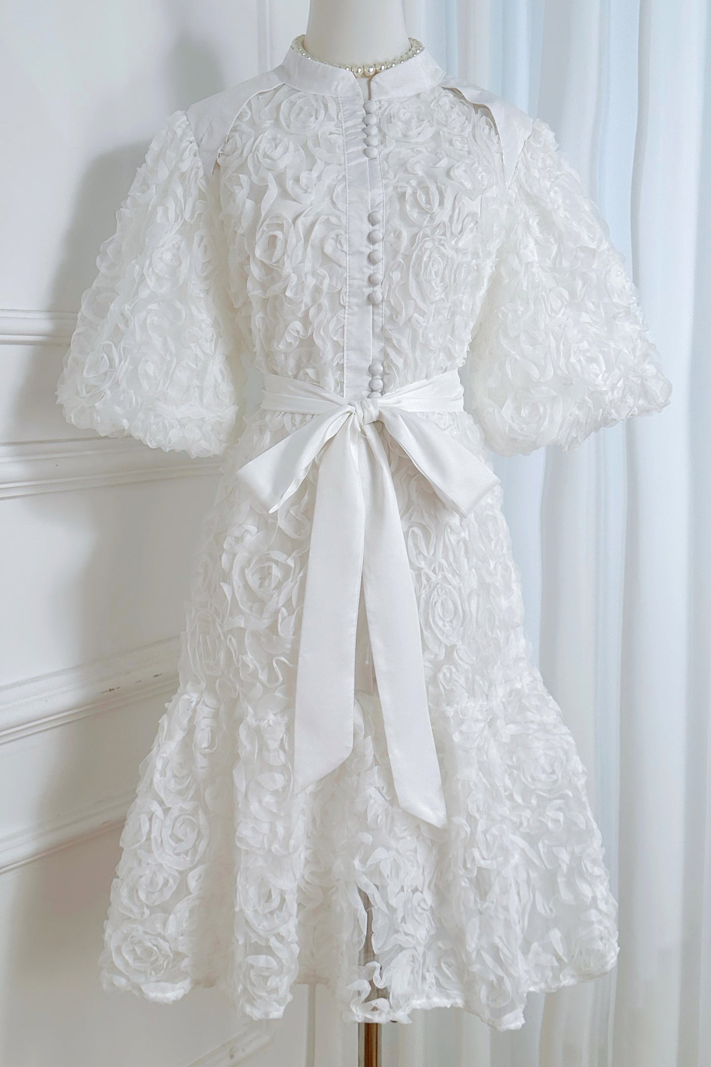 Women 3D Floral Puff Sleeve Ruffle Mini Dress