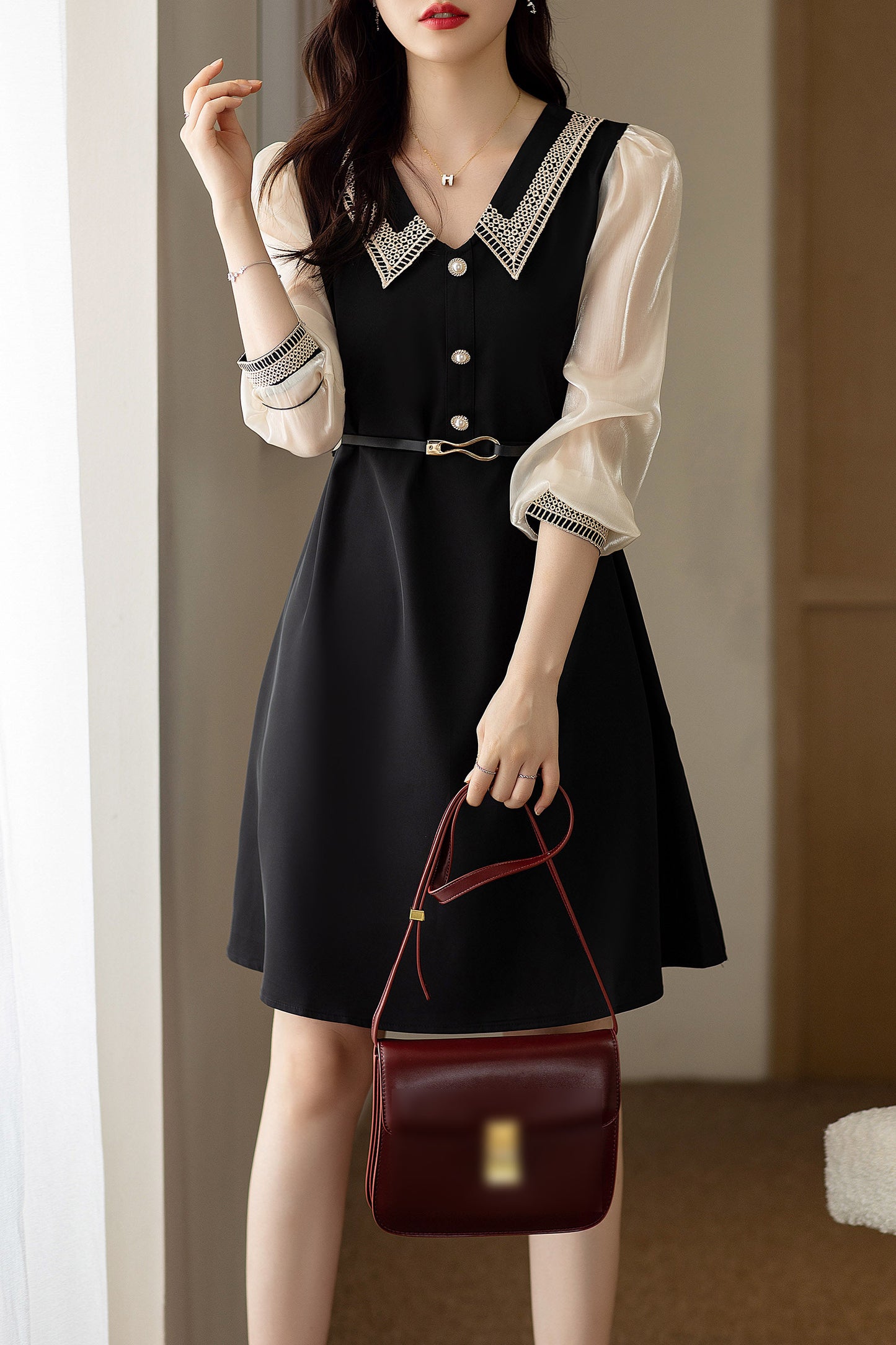 Women's Retro Elegant V-Neck Casual Mini Black Dress - LAI MENG FIVE CATS