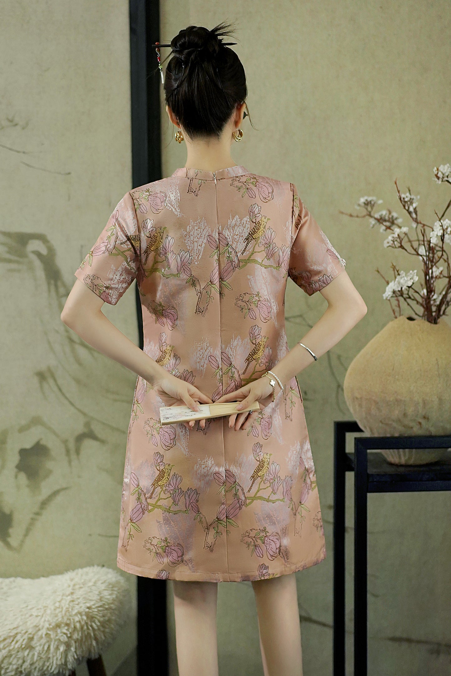 Women's Chinese Cheongsam Print Side Slit Mini Dress