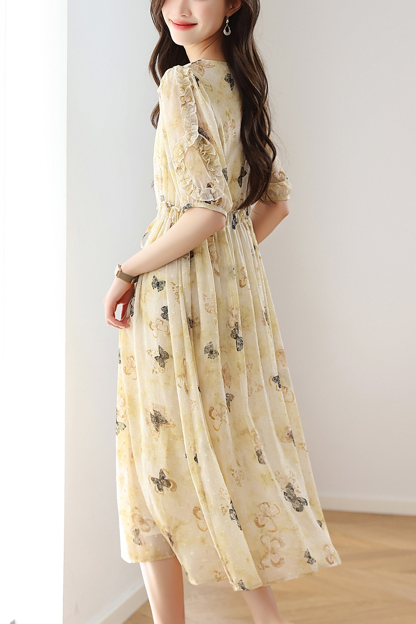 Women's Chffion V-Neck Floral Print Midi Dress