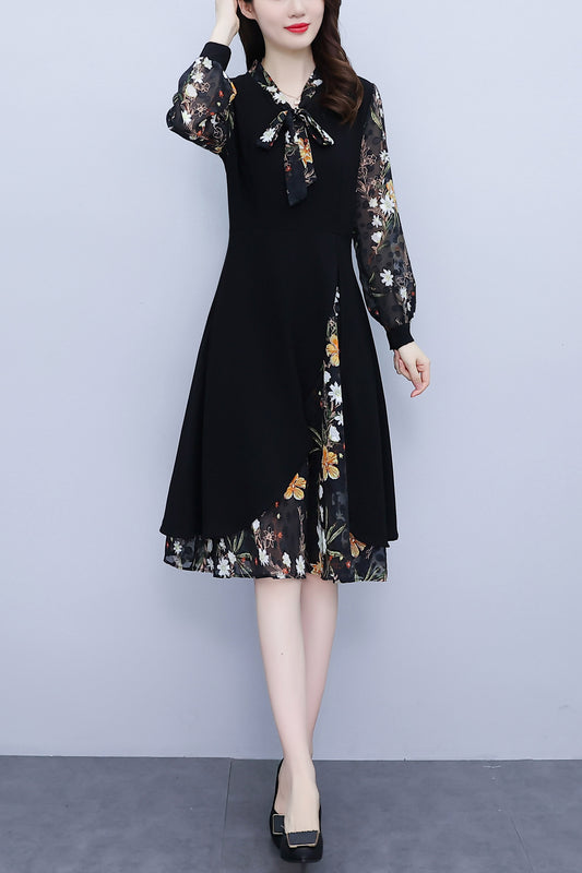 Women's Elegant Patchwork Design A-Line Midi Dress - LAI MENG FIVE CATS