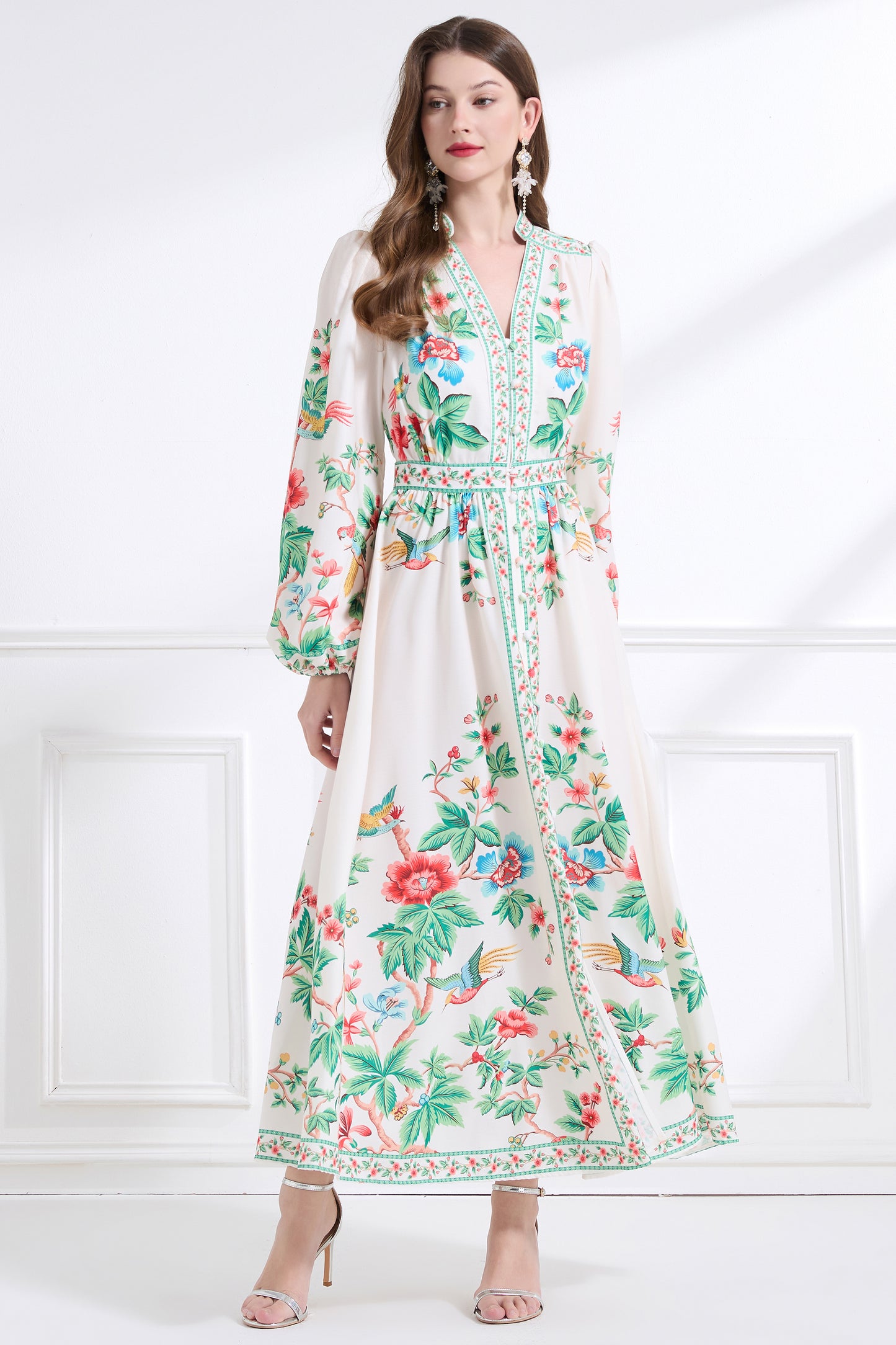 Women's Floral Print V-Neck Slit Maxi Dress