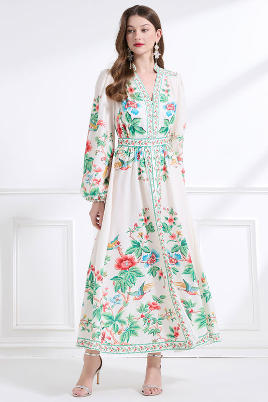 Women's Floral Print V-Neck Slit Maxi Dress