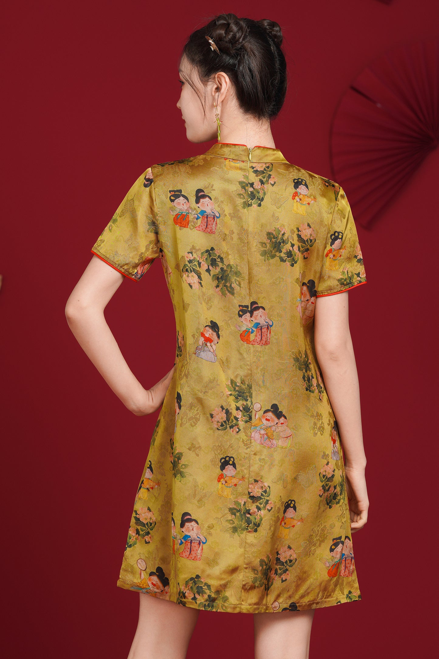 Women's Cheongsam Print Short Sleeve Mini Dress