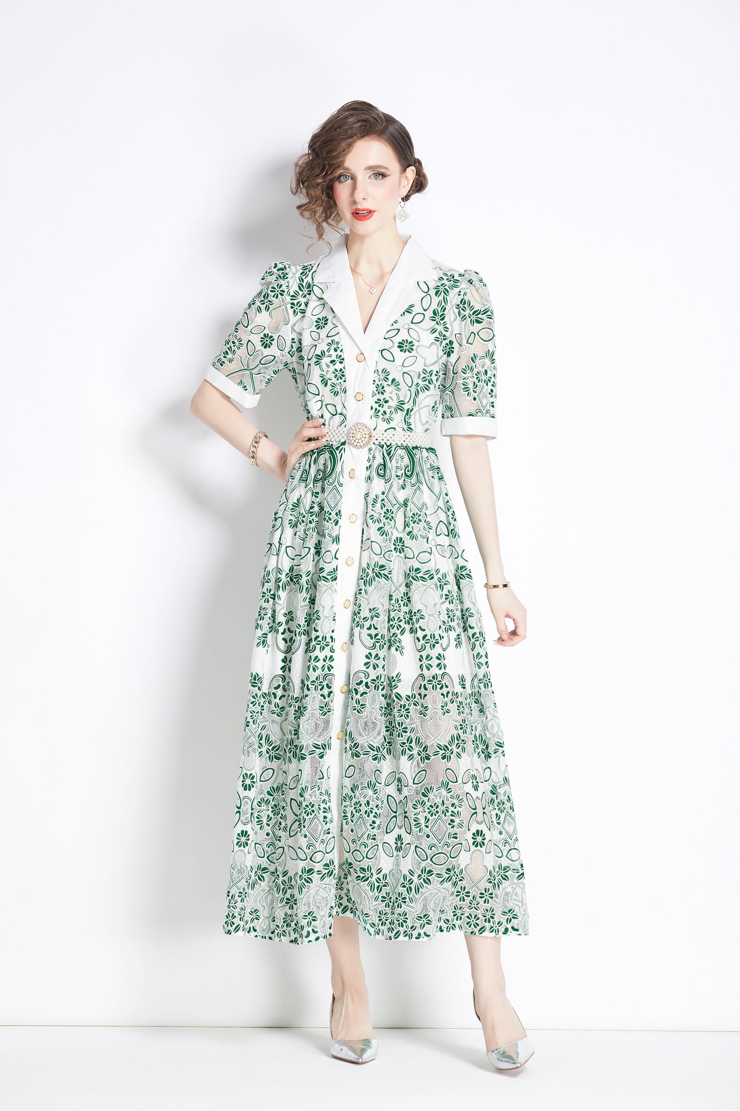 Women's Mesh Embroidery V-Neck Lace Maxi Dress